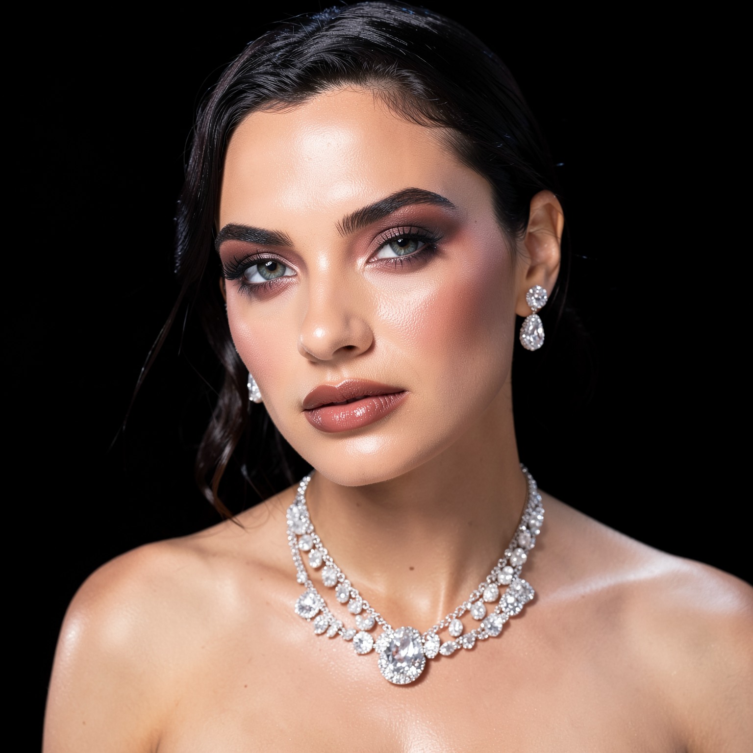 Elegant close-up portrait with glossy black background and luxury jewelry