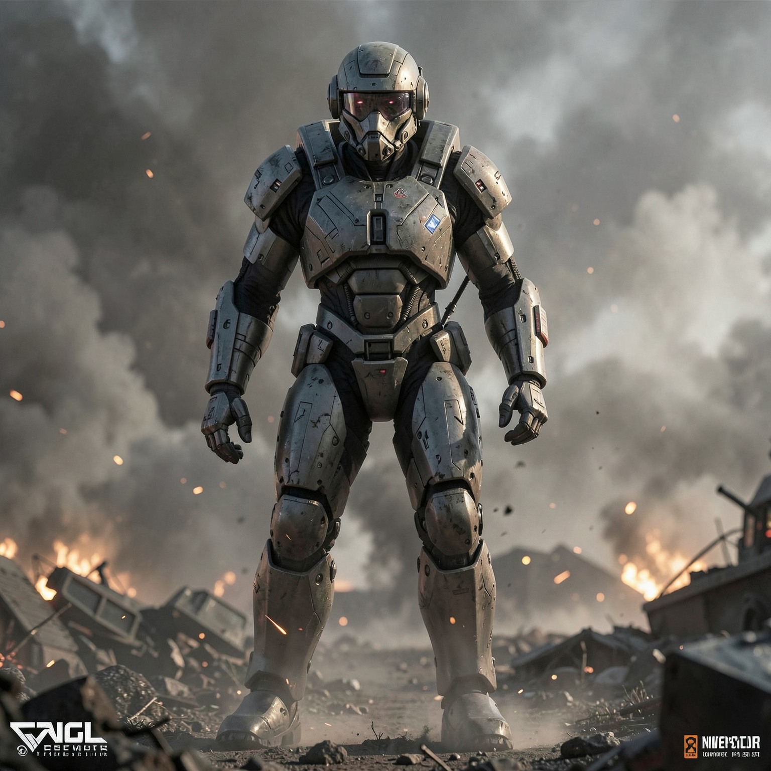 futuristic military exosuit soldier in battlefield smoke