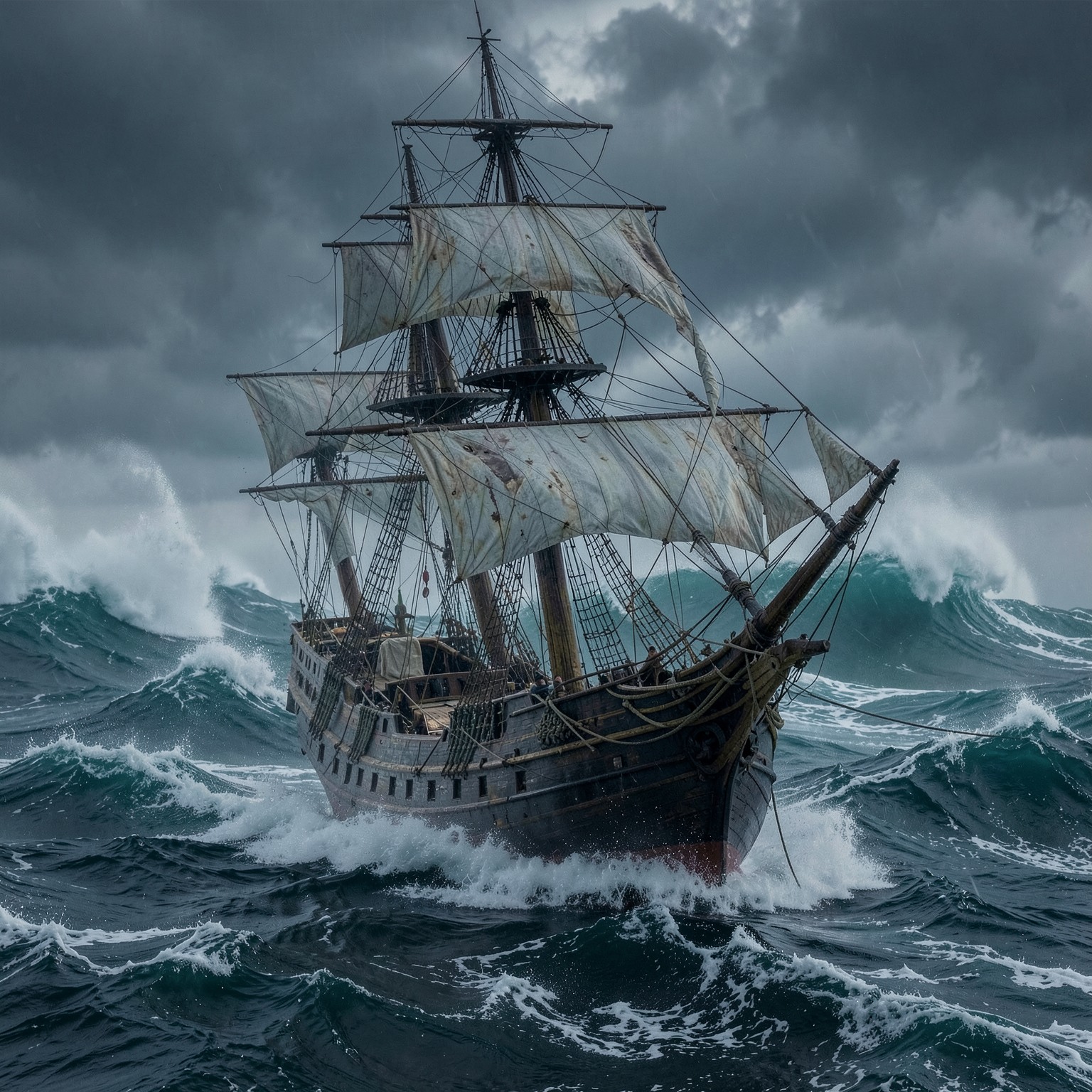 realistic pirate ship in giant storm waves, cinematic ocean scene
