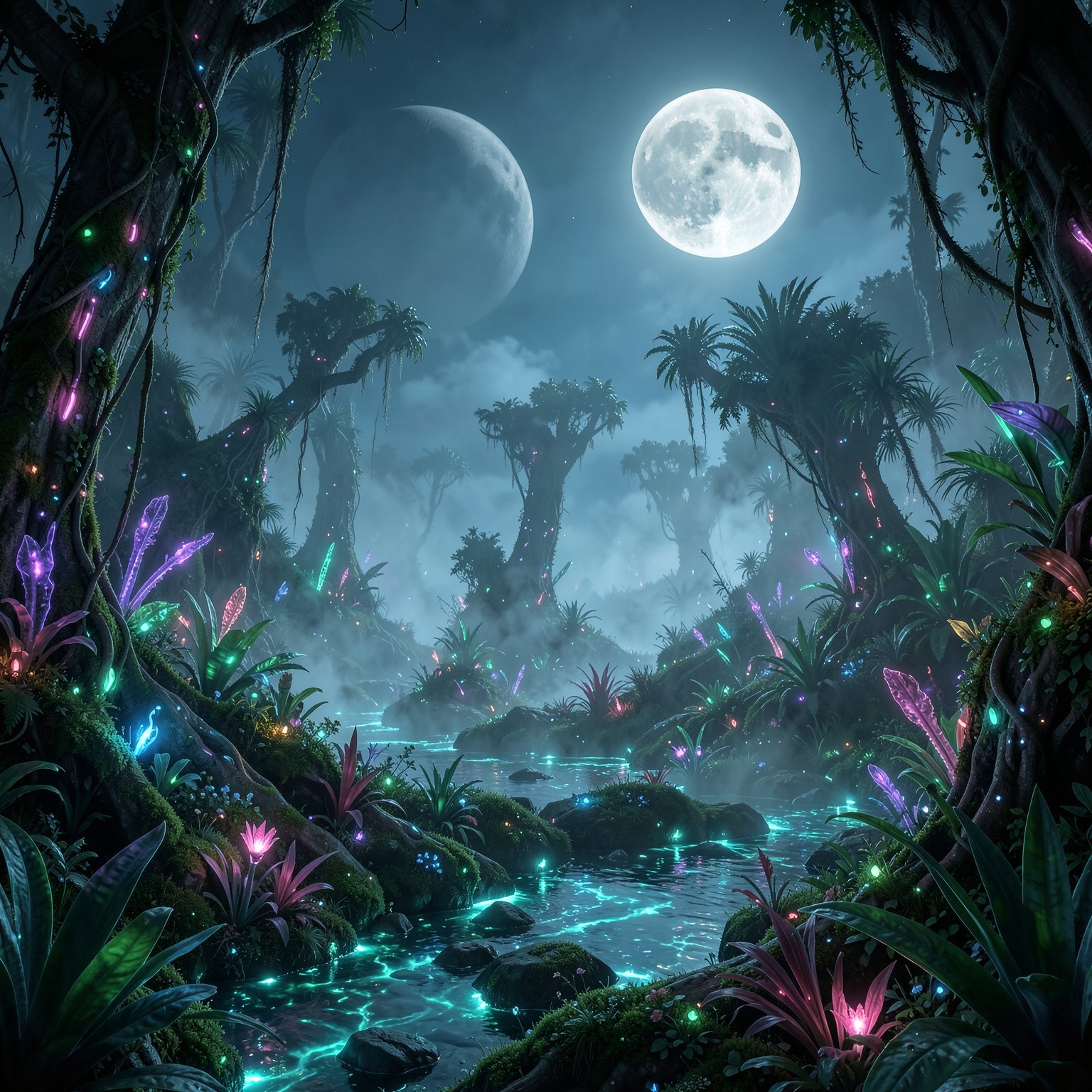 Alien jungle with bioluminescent plants, glowing rivers, two moons in sky, mist rising, hyper-detailed sci-fi environment, cinematic lighting