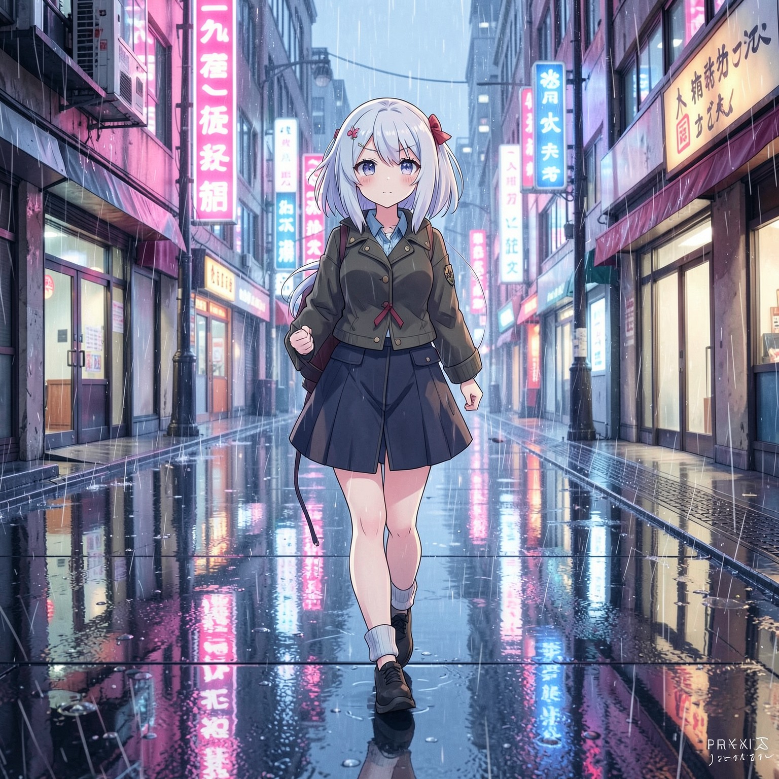 anime girl with white hair walking through rainy neon streets, detailed reflections