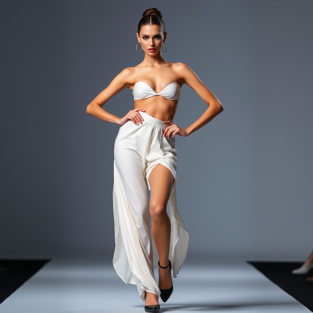 runway fashion model, dramatic pose, studio background, sharp details