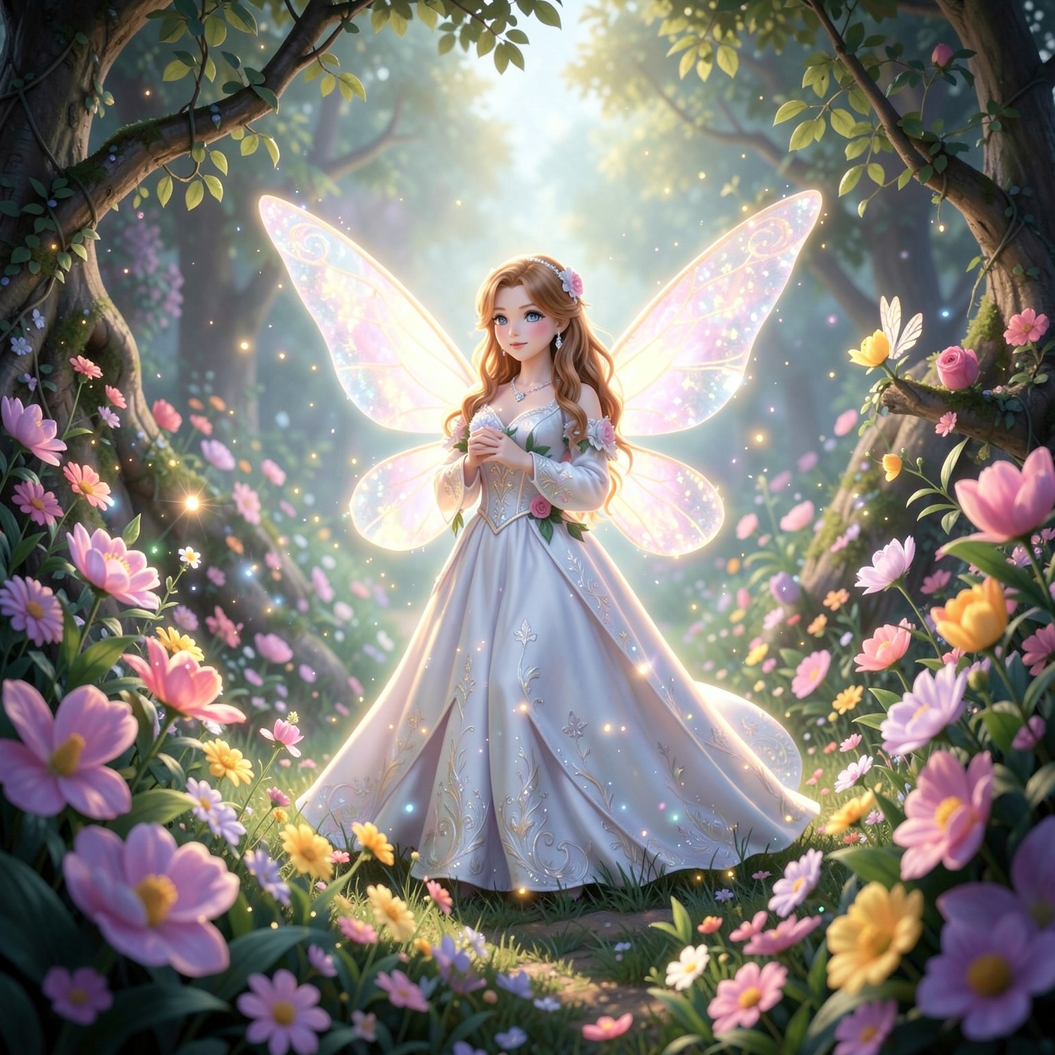 fantasy fairy glowing inside flower garden