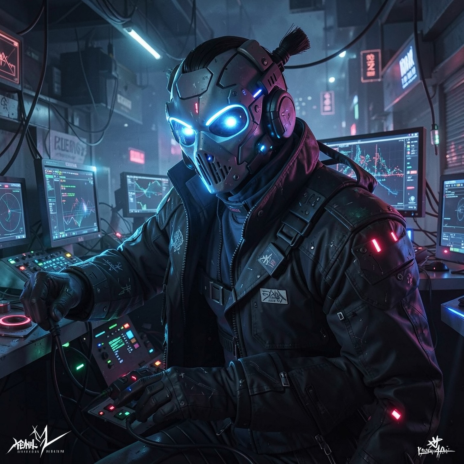 Cyberpunk hacker with glowing mask and monitors