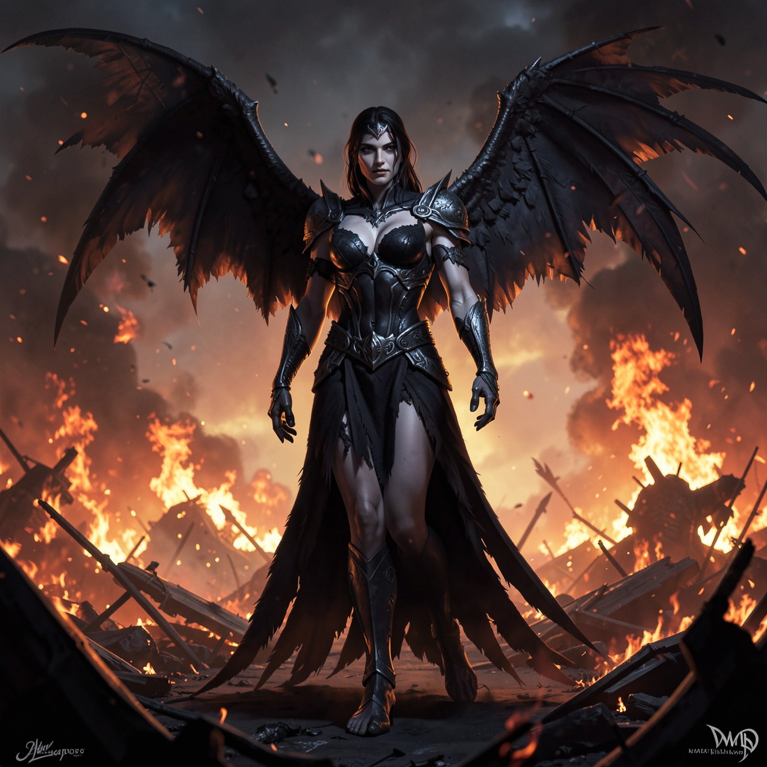 Dark angel standing in burning battlefield