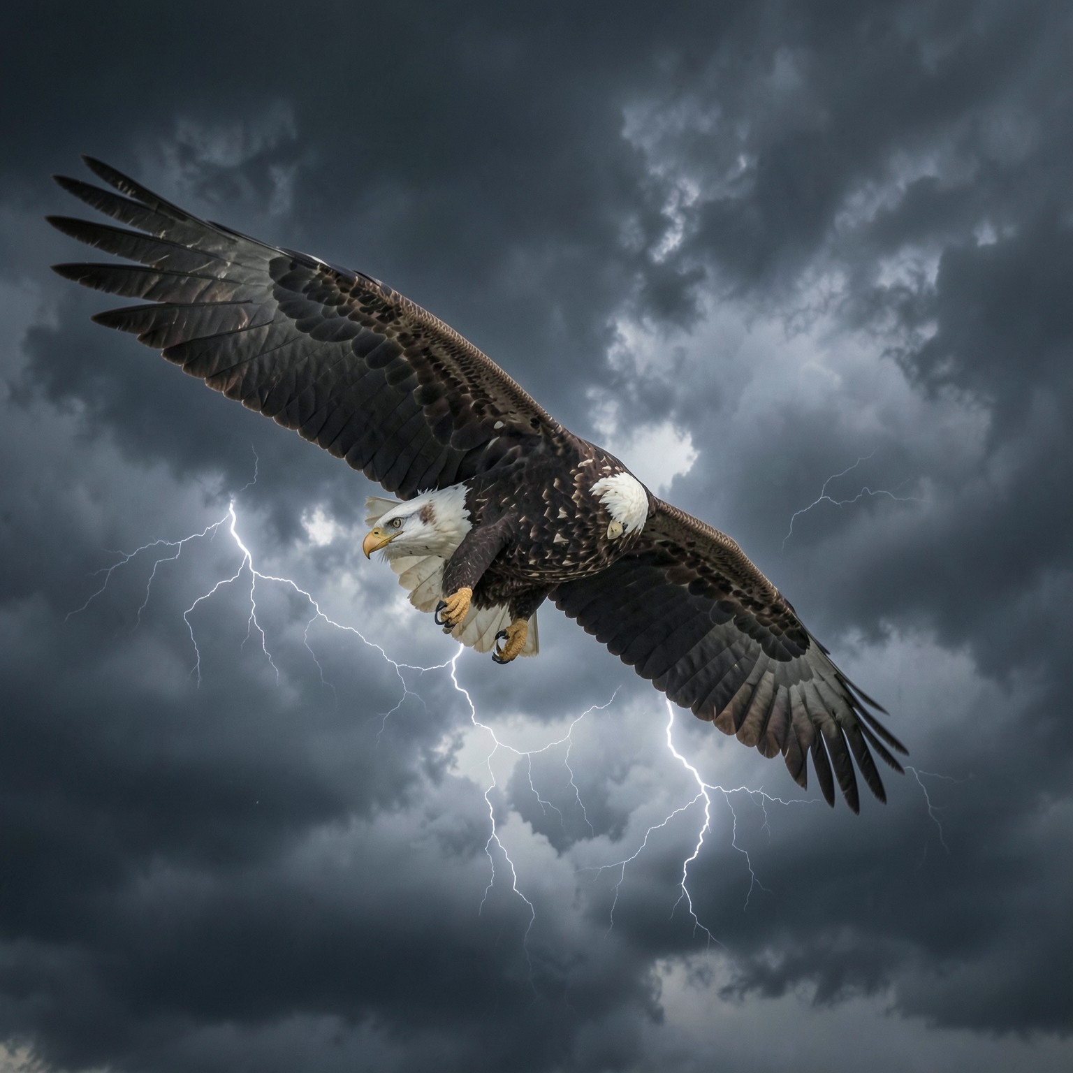 realistic eagle flying through storm clouds