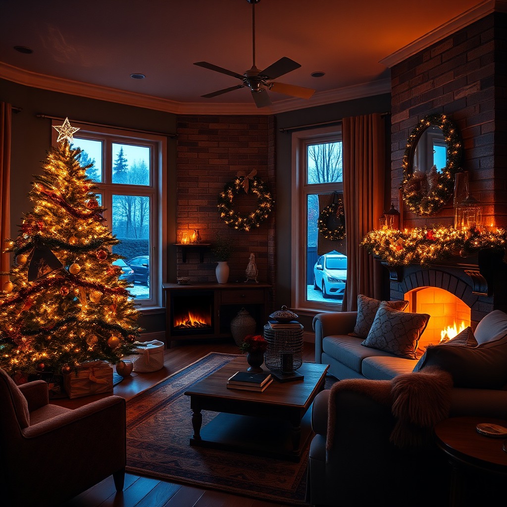 cozy christmas living room with fireplace, decorated tree, warm lights, cinematic lighting, ultra detailed