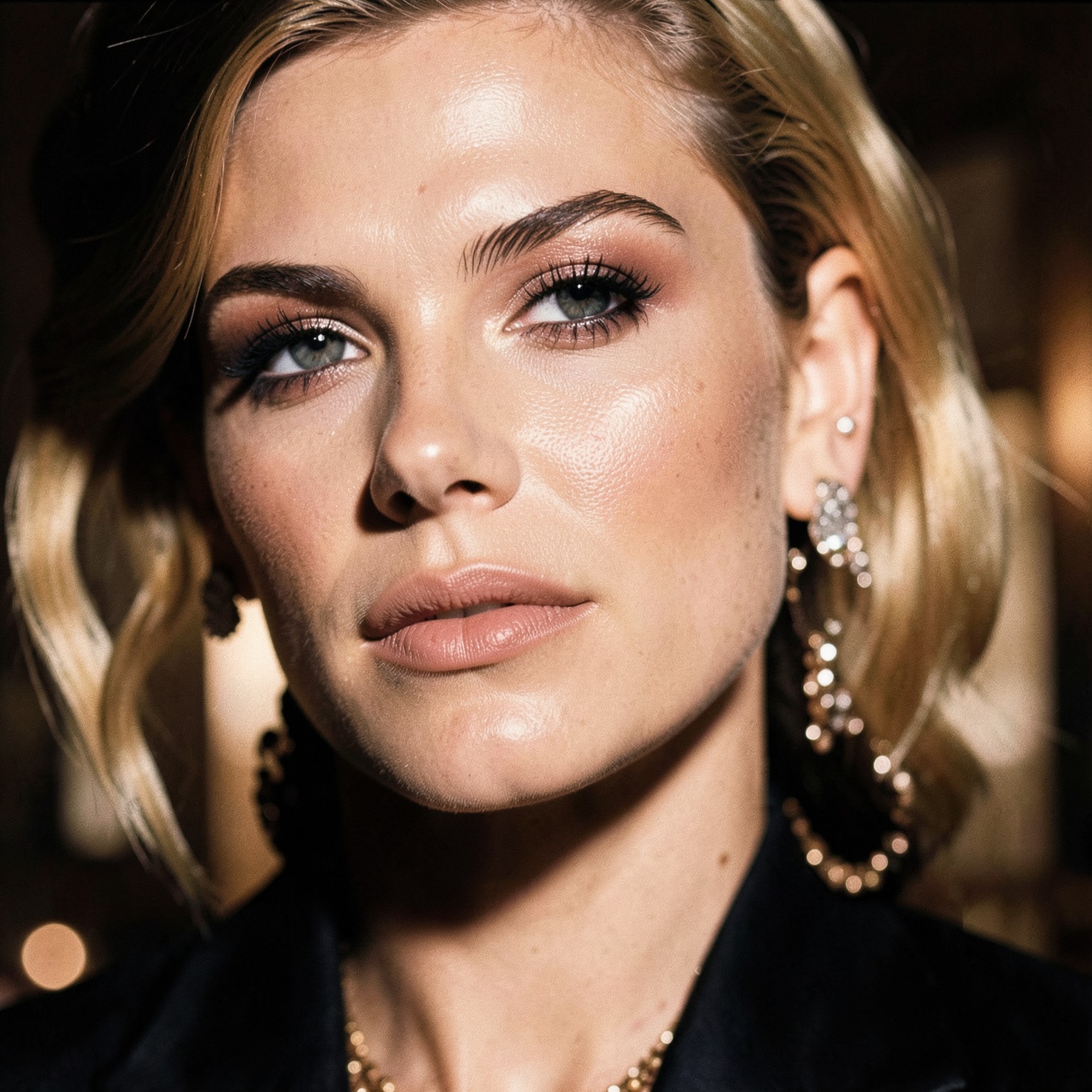Close-up portrait inspired by 1990s supermodel photography, luxury aesthetic