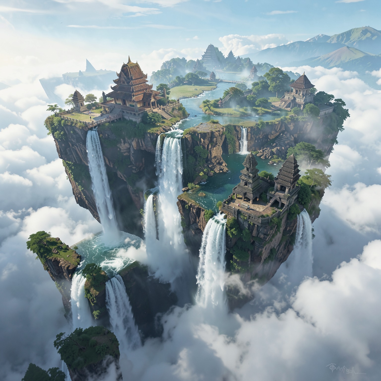 floating islands above clouds with waterfalls and ancient temples