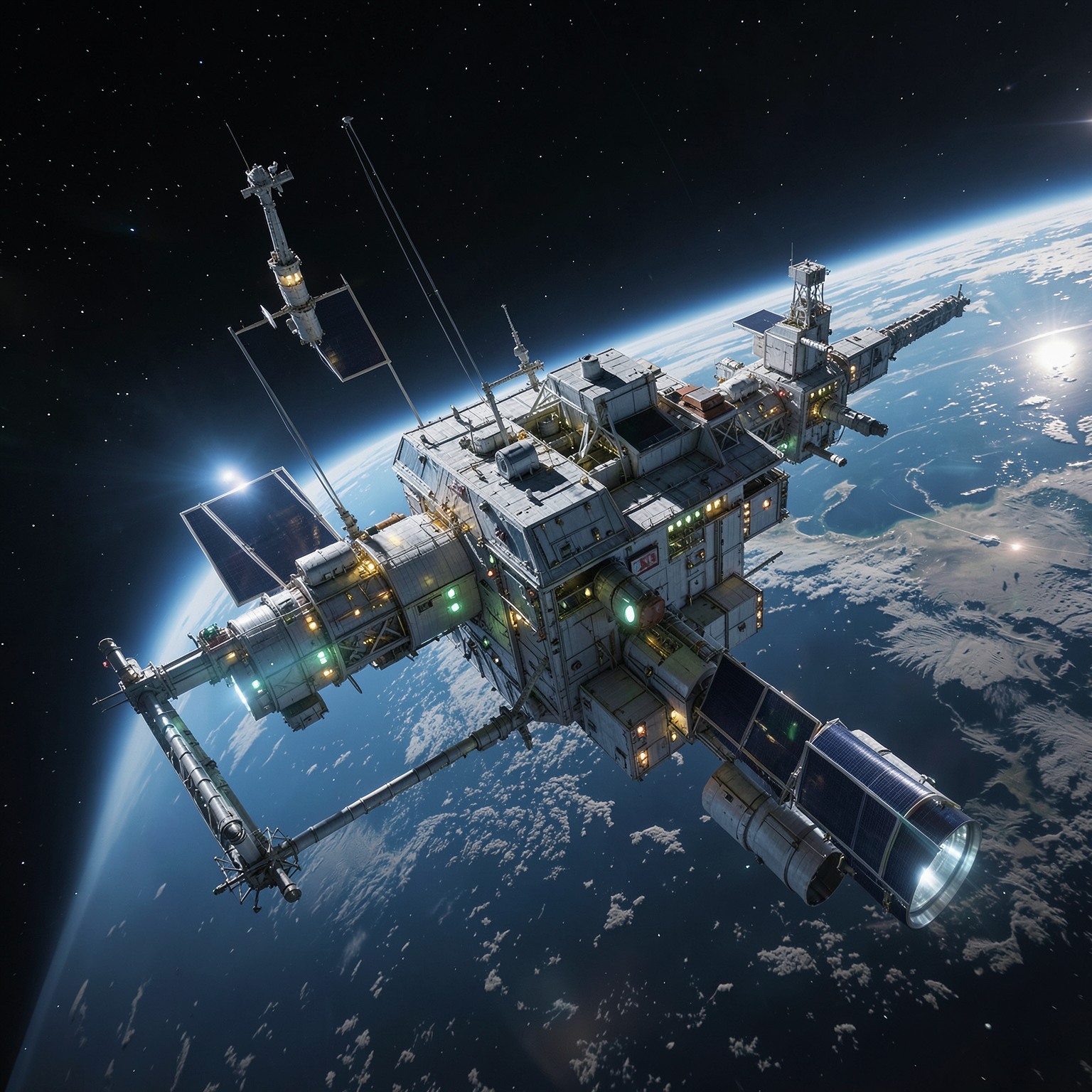 Space station orbiting Earth, cinematic science fiction scene, ultra detailed