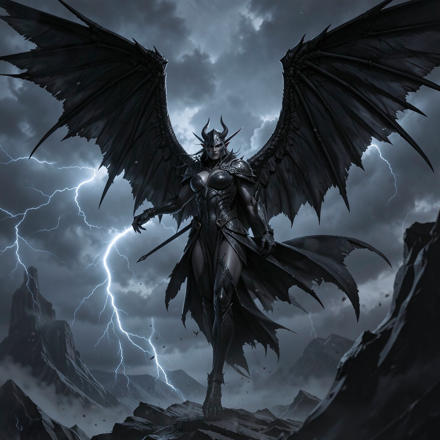 dark angel with giant black wings in storm
