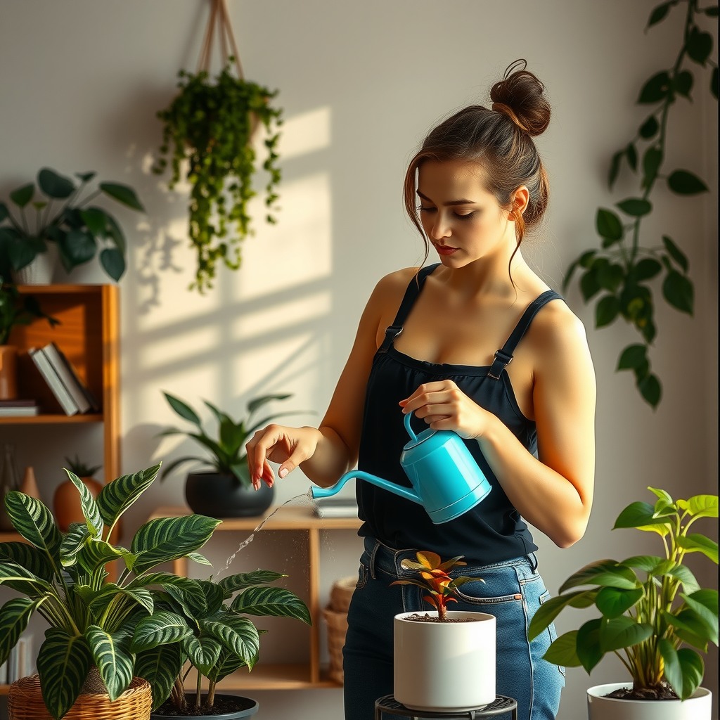 Photo-realistic editorial photography, realistic scene representing a woman watering indoor plants