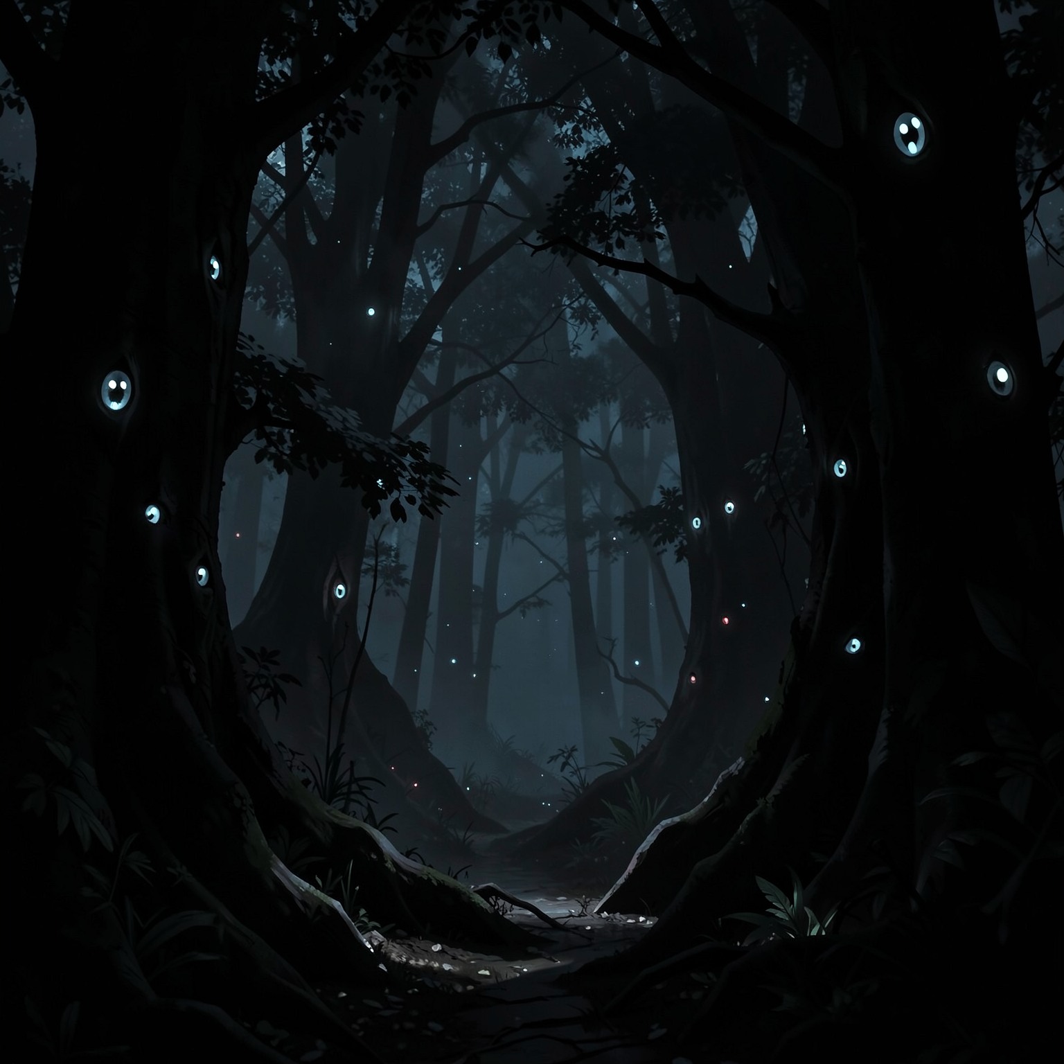 dark mysterious forest with glowing eyes