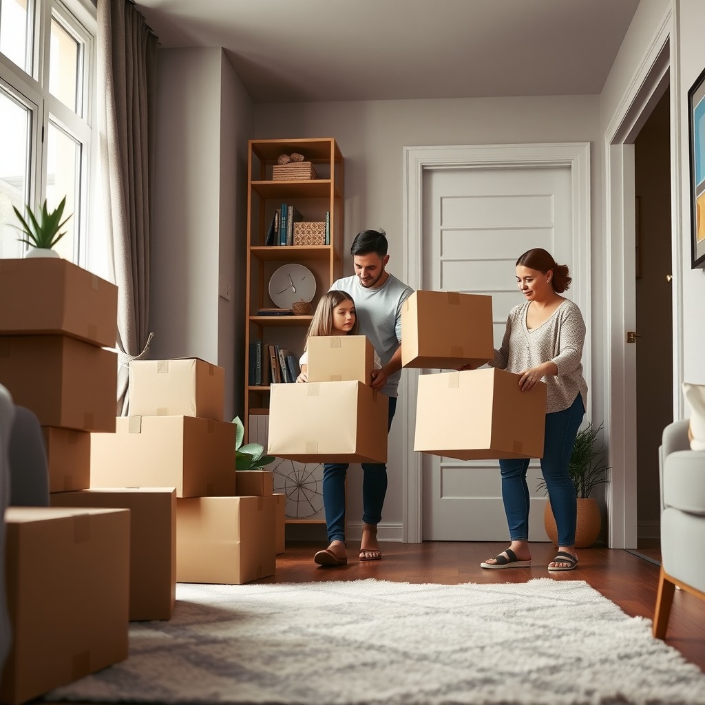 Photo-realistic editorial photography, realistic scene representing a family moving boxes into new apartment