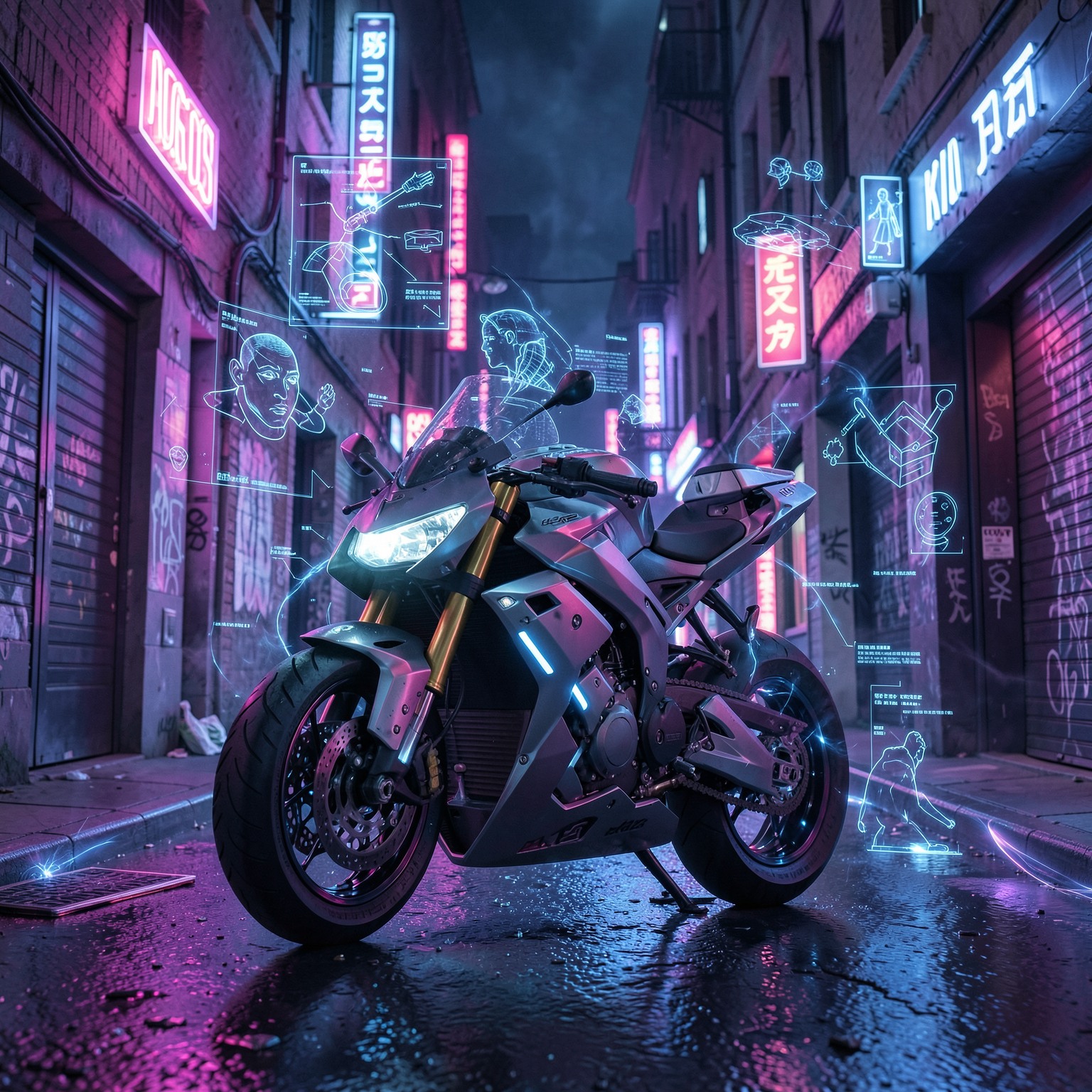 futuristic motorcycle parked in neon alley with holograms