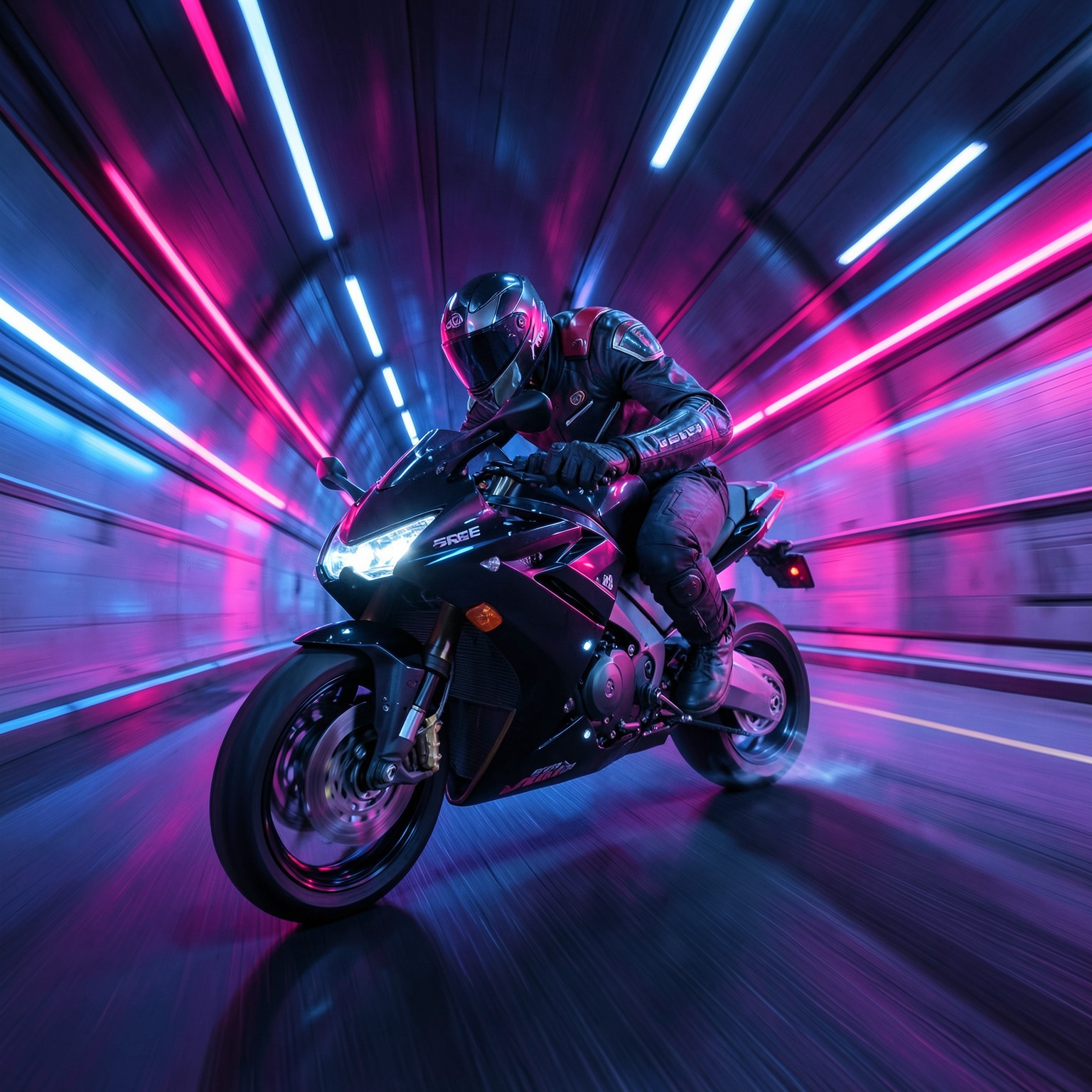 Futuristic motorcycle speeding through neon tunnel, motion blur, dynamic angle