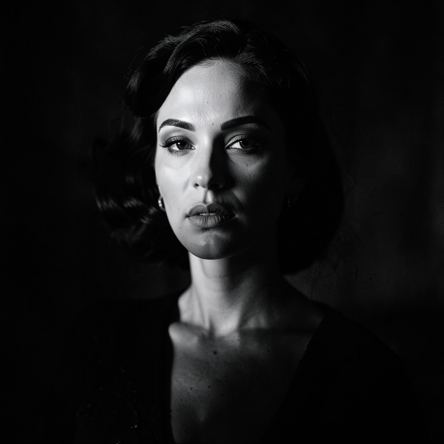 Moody black and white portrait photography of elegant woman, cinematic contrast