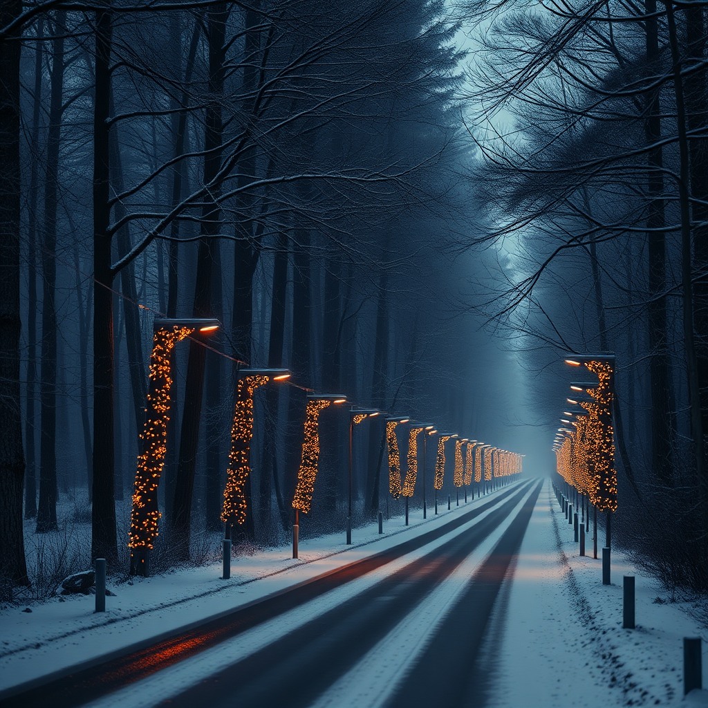 cinematic snowy forest road with christmas lights, winter mood