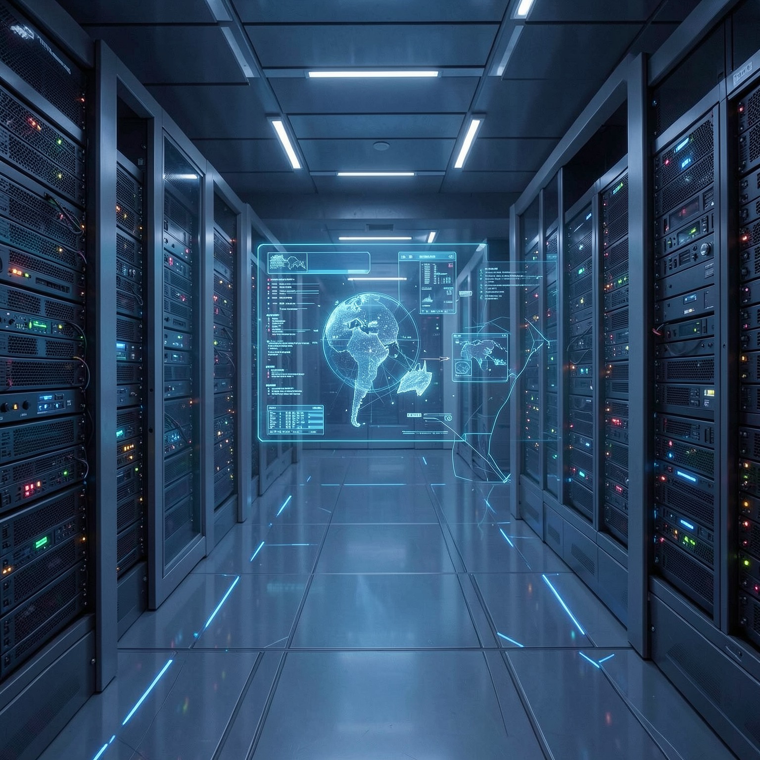 Futuristic server room with holographic AI interface, sci-fi technology aesthetic