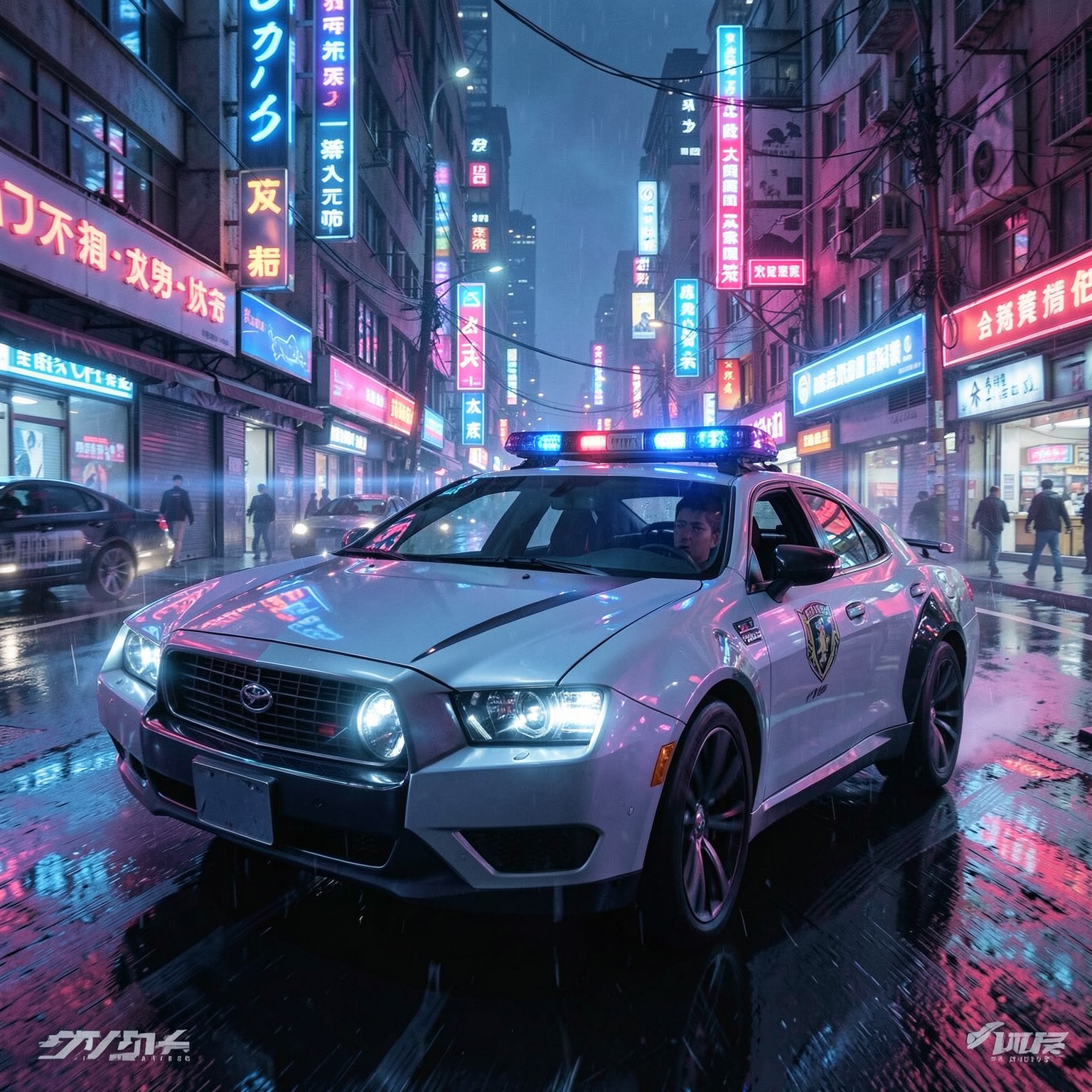 futuristic police car chase in neon cyberpunk streets