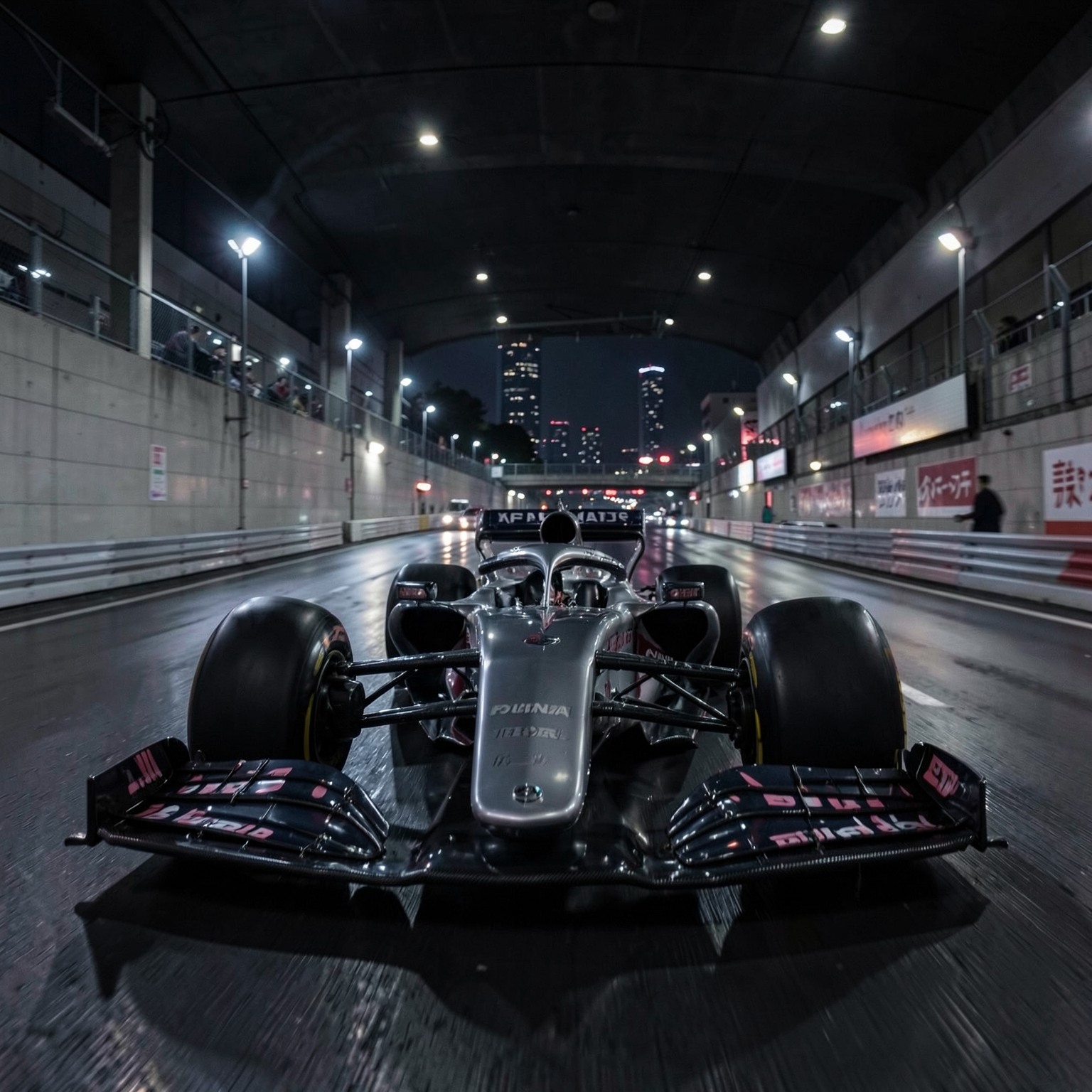 Futuristic Formula 1 car in Tokyo tunnel at night