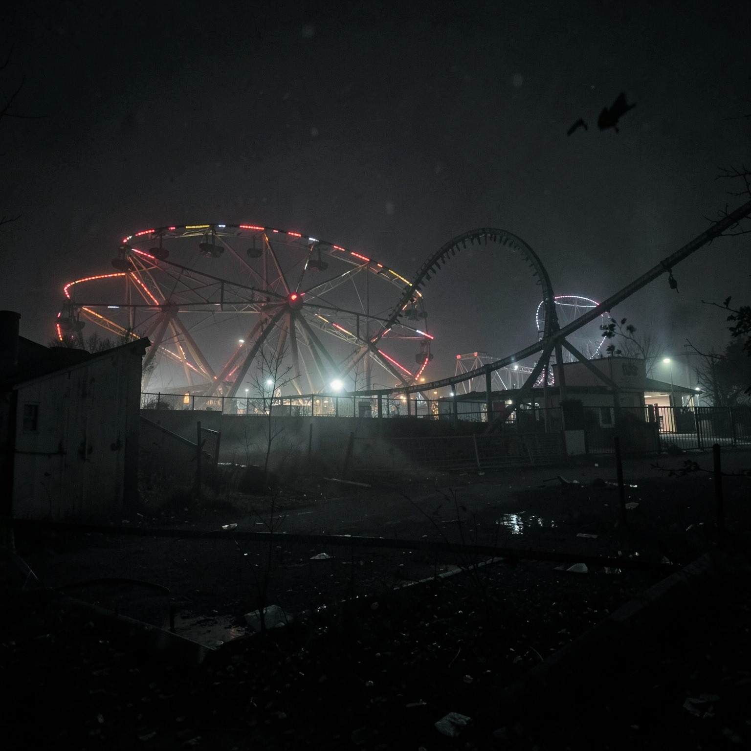 abandoned amusement park at night with fog and broken lights