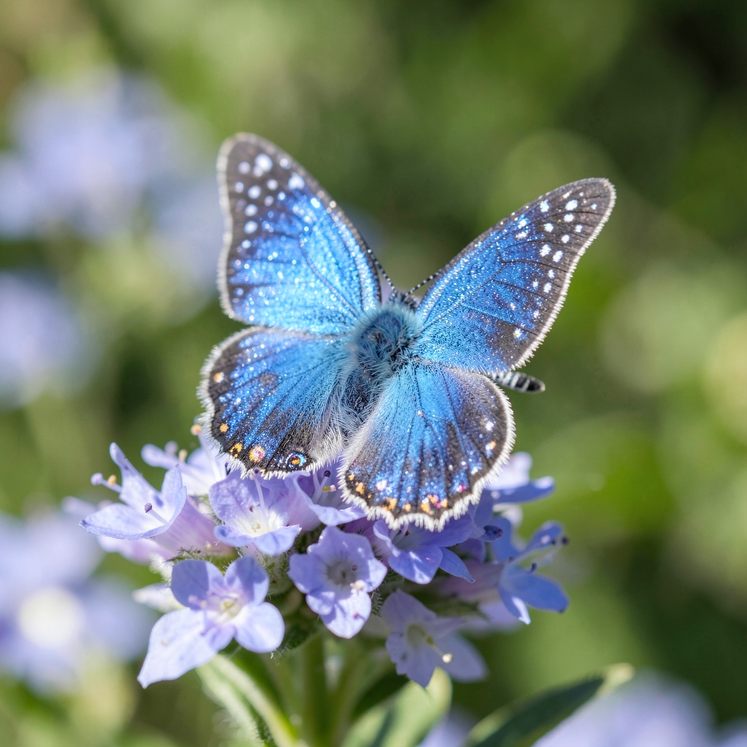 realistic close-up of blue butterfly on flower