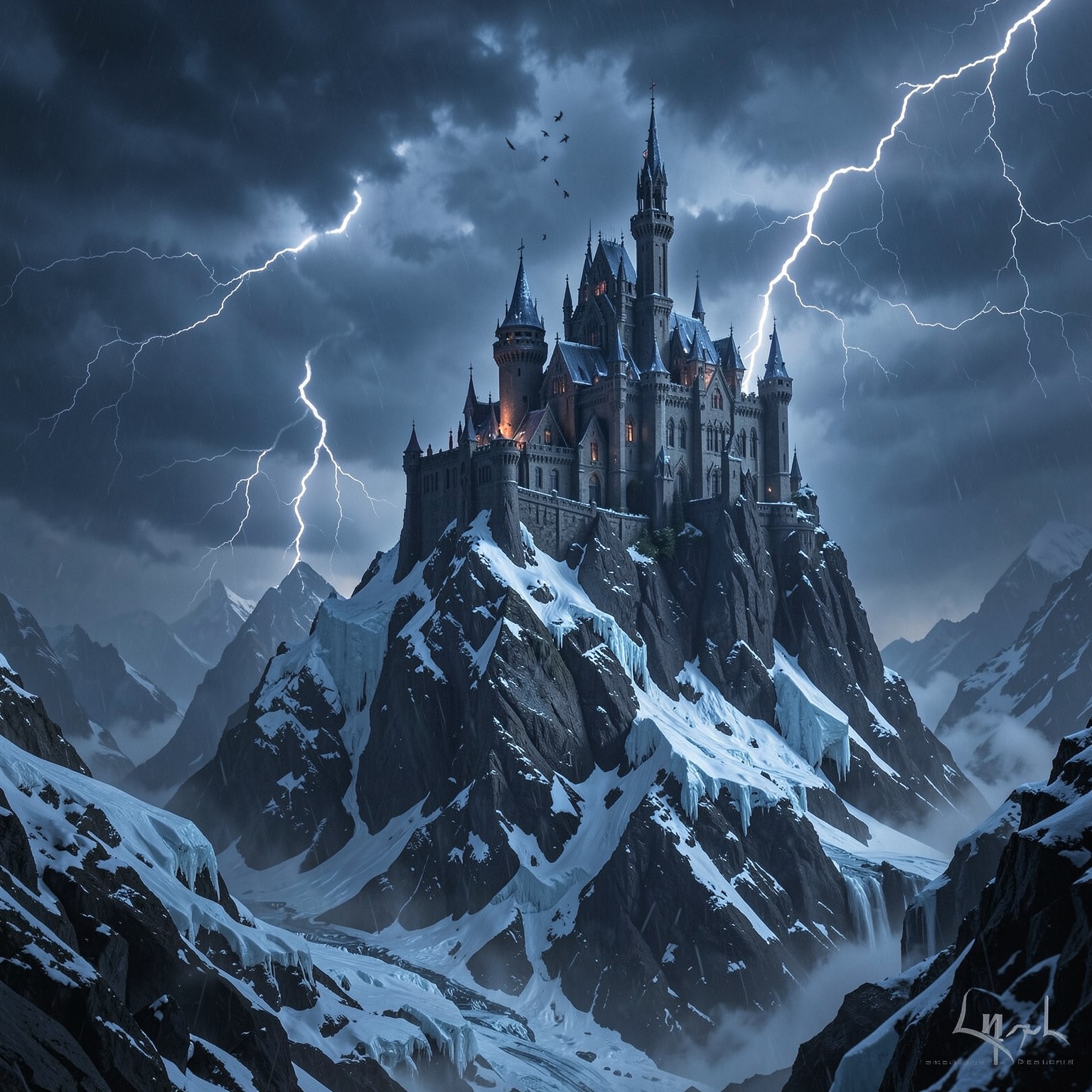 dark fantasy castle on top of icy mountain during thunderstorm