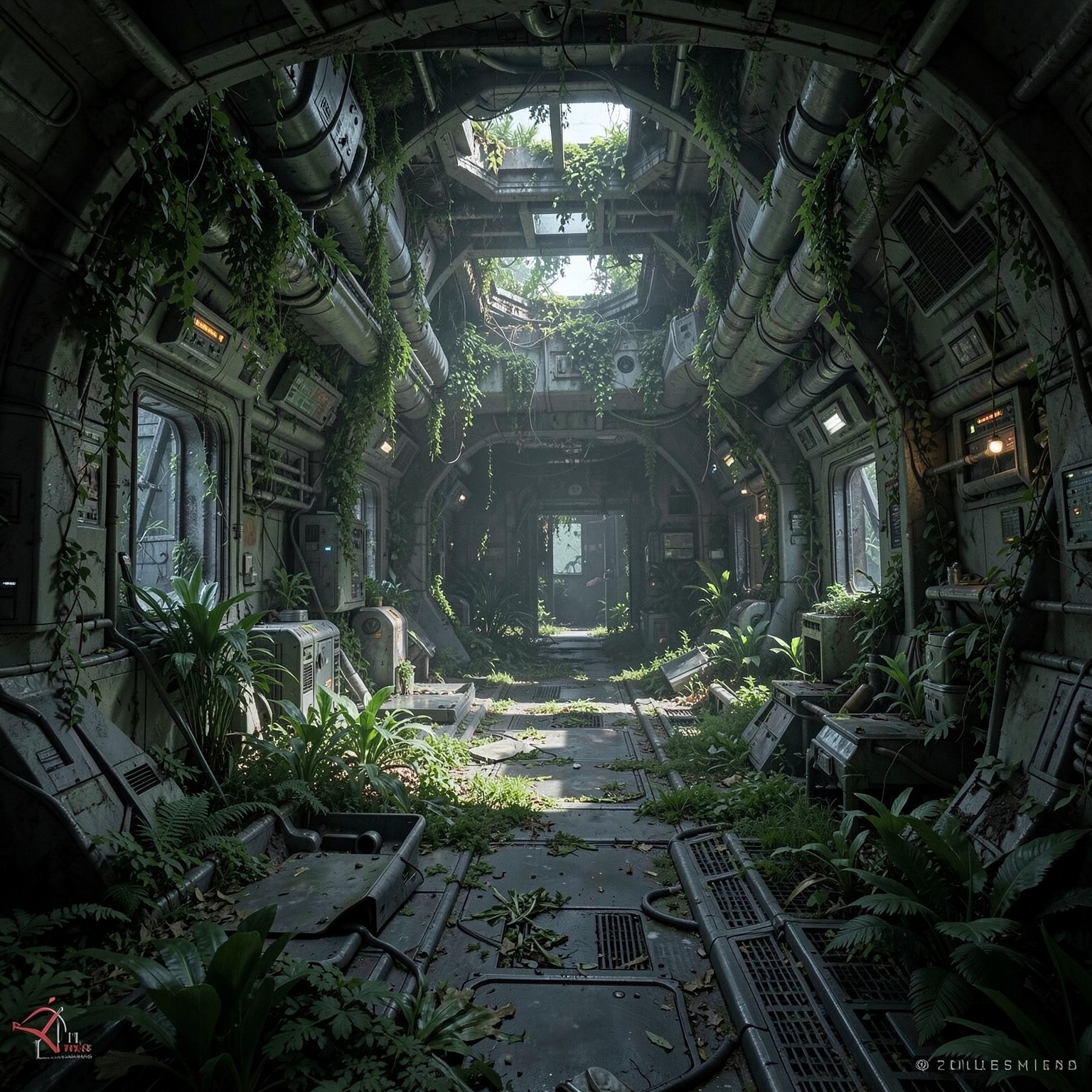 abandoned space station interior covered with plants and nature reclaiming technology
