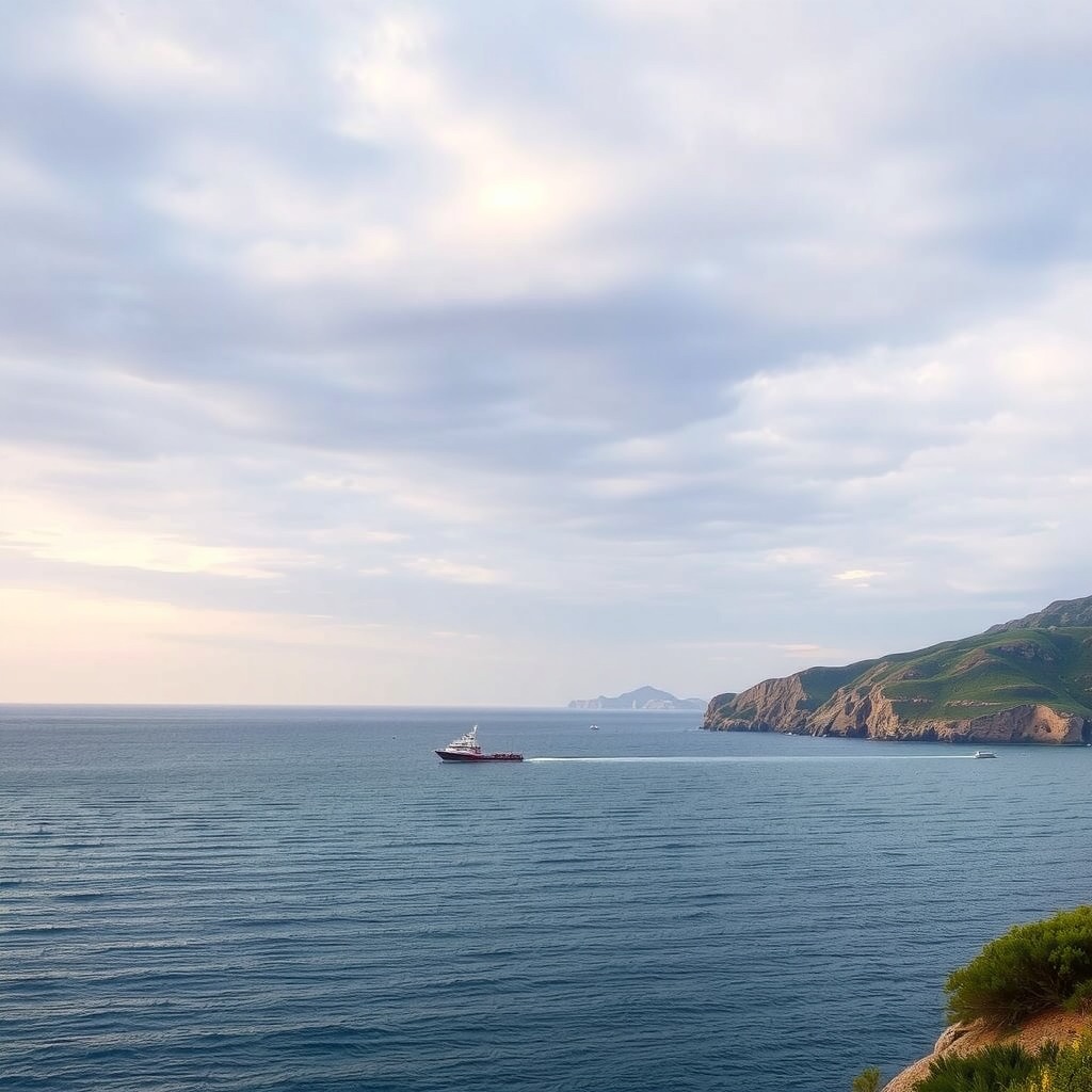 Photo-realistic coastal landscape with distant islands and calm sea, atmospheric perspective