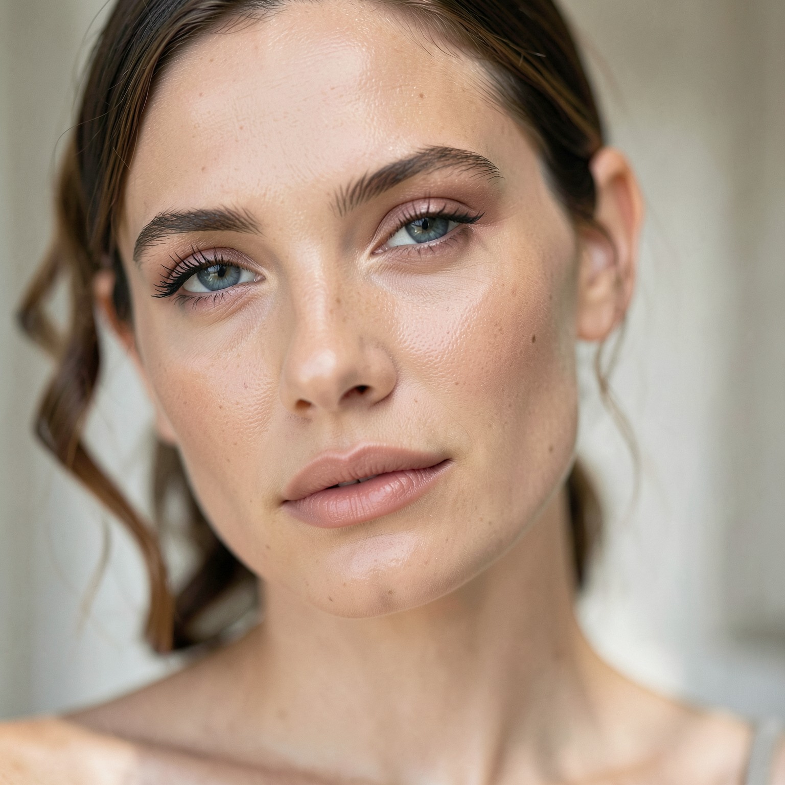Close-up beauty portrait of elegant woman with soft natural lighting, Vogue magazine style, shallow depth of field, ultra realistic skin texture