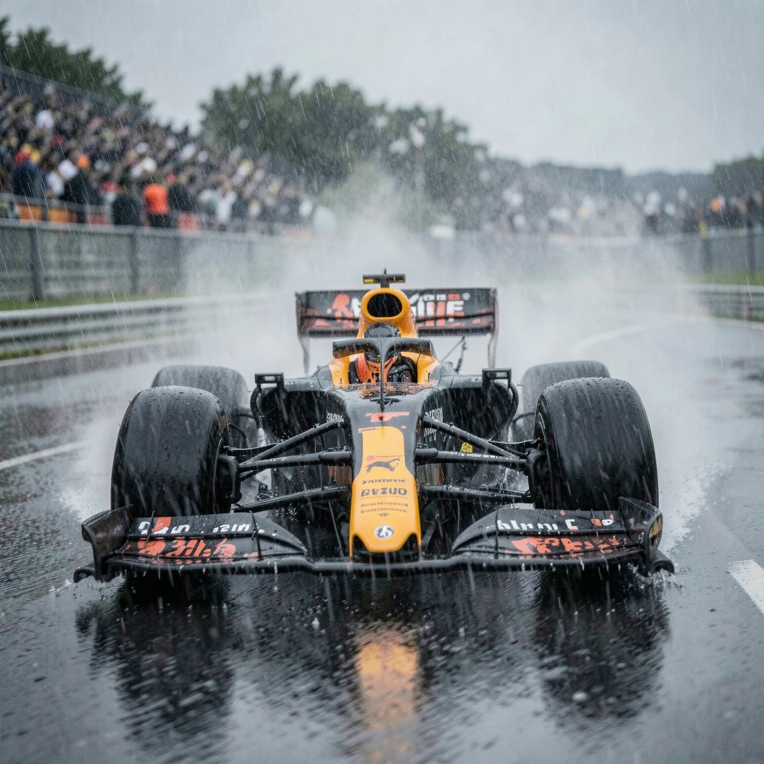 realistic Formula 1 car racing through rain at high speed