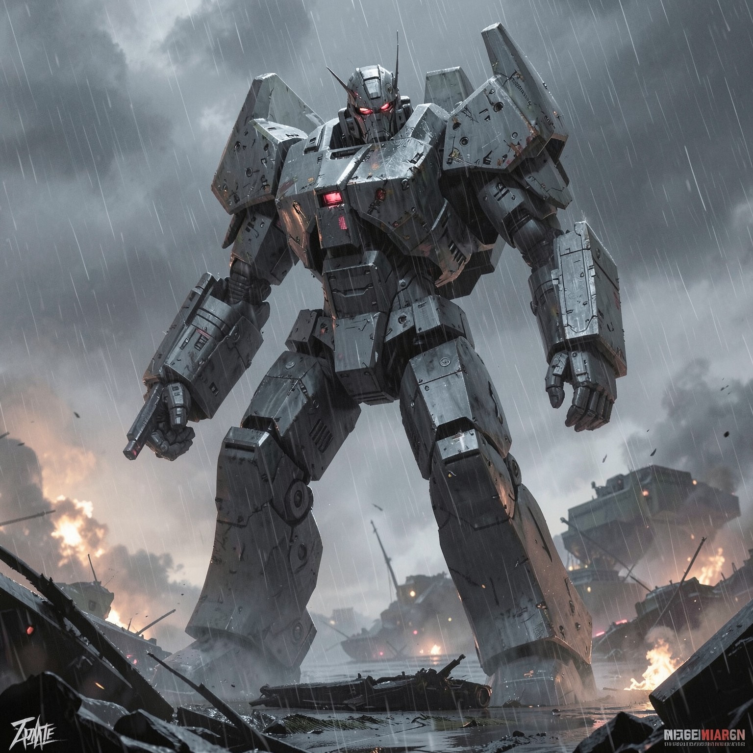 Giant armored mech in rainy battlefield