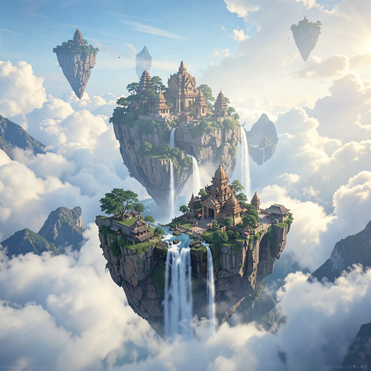 floating islands above clouds with waterfalls and temples
