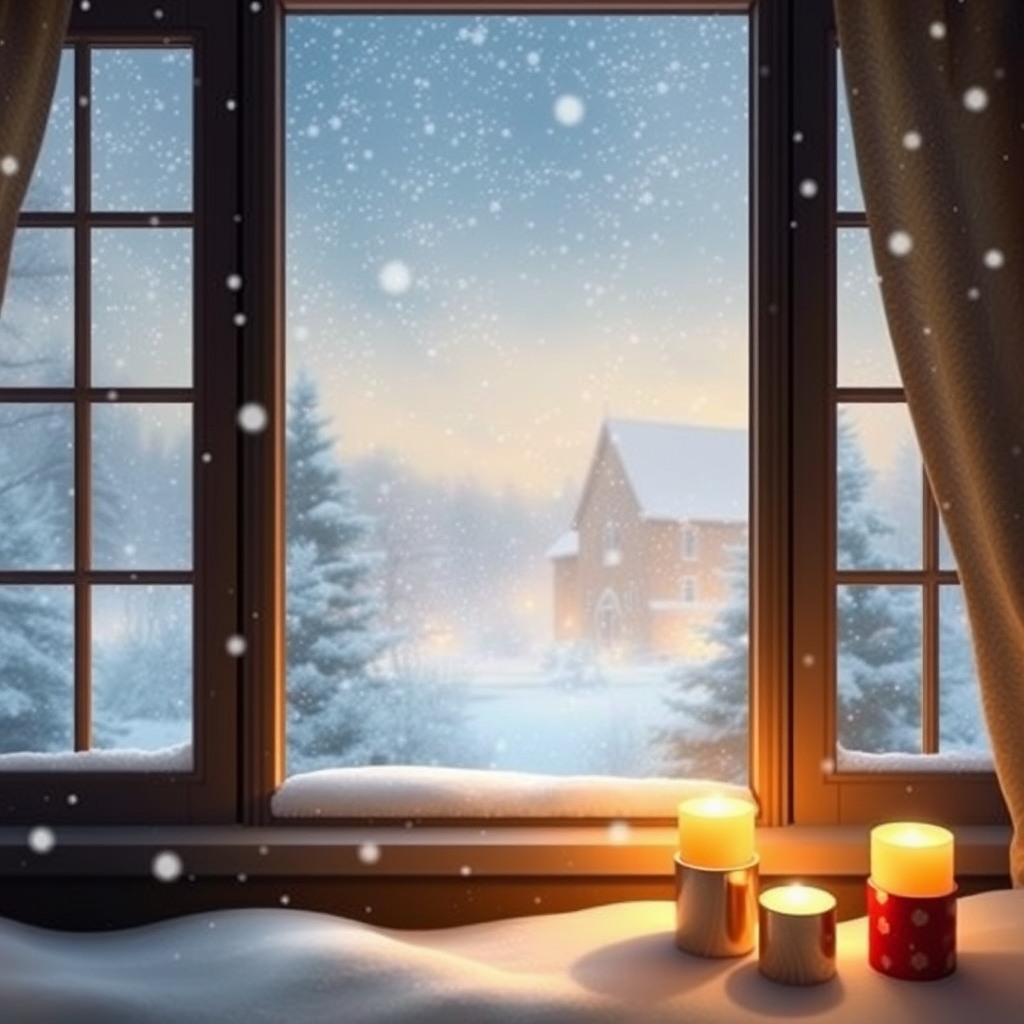 christmas morning window view, falling snow, cozy atmosphere