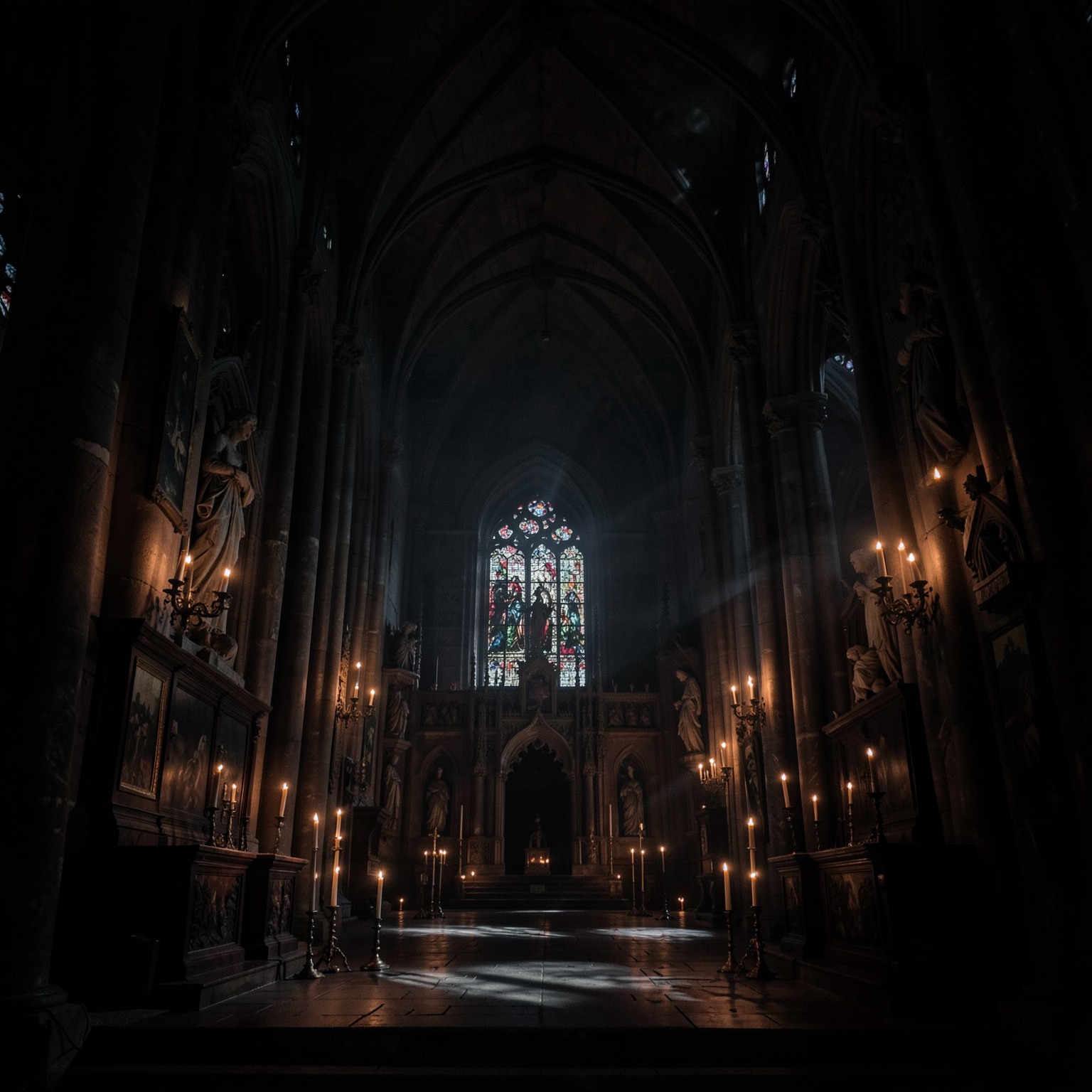 dark gothic cathedral interior with candles and dramatic shadows
