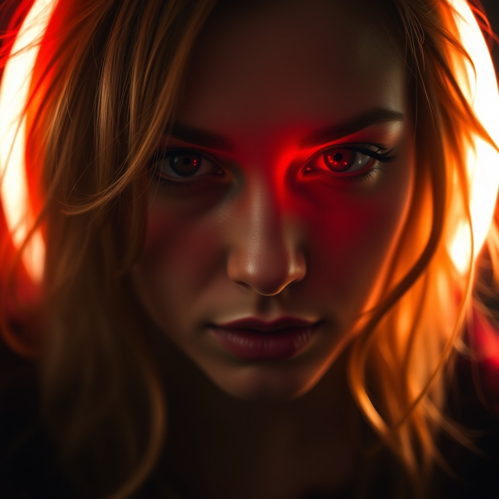 red hear woman, hyper-realistic, rim lighting, ultra sharp focus
