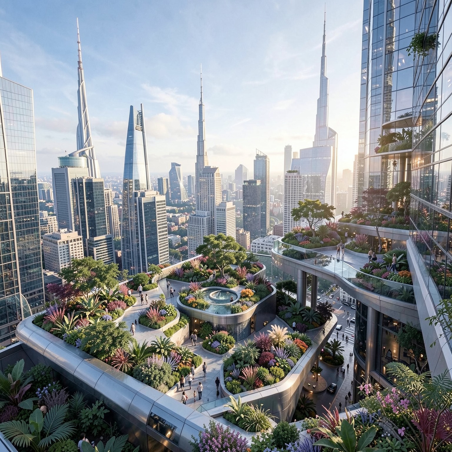 futuristic skyscraper rooftop garden in mega city