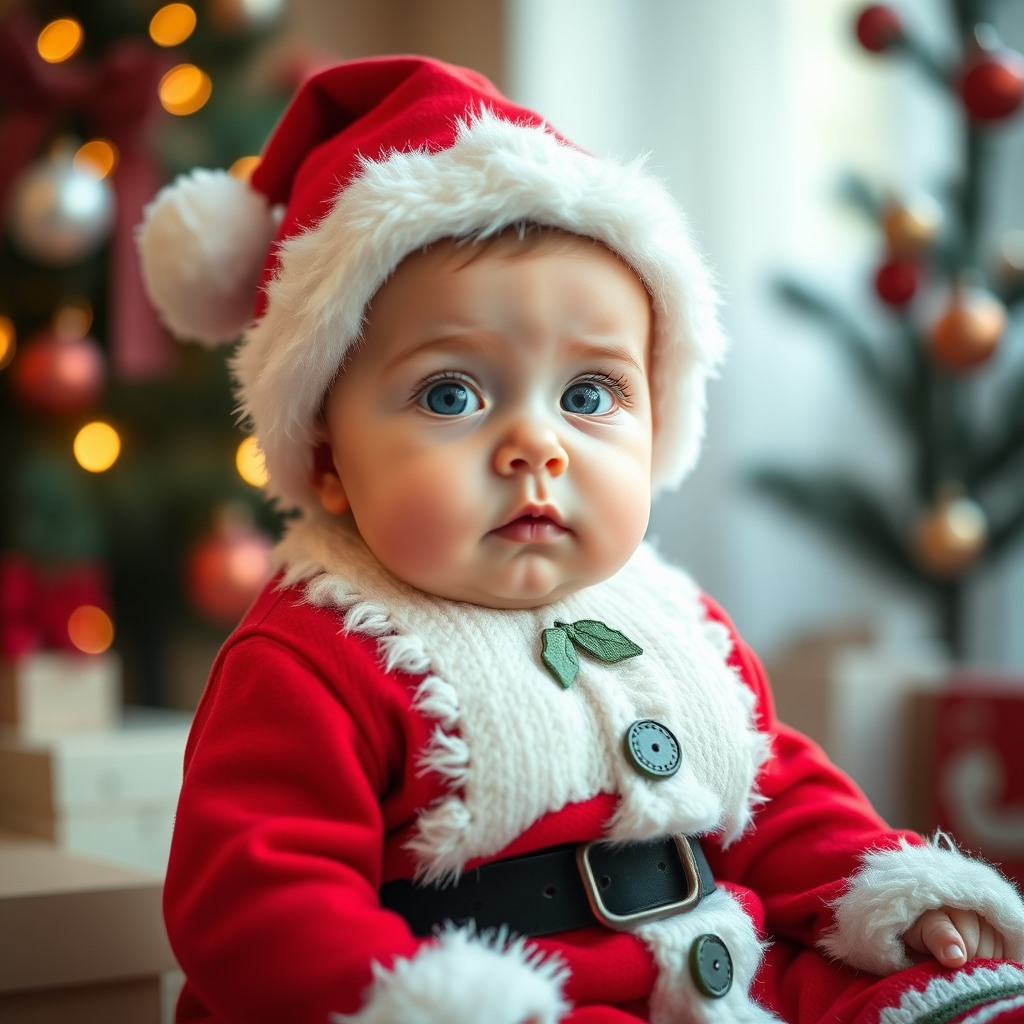 cute baby in christmas outfit, soft light, photorealistic