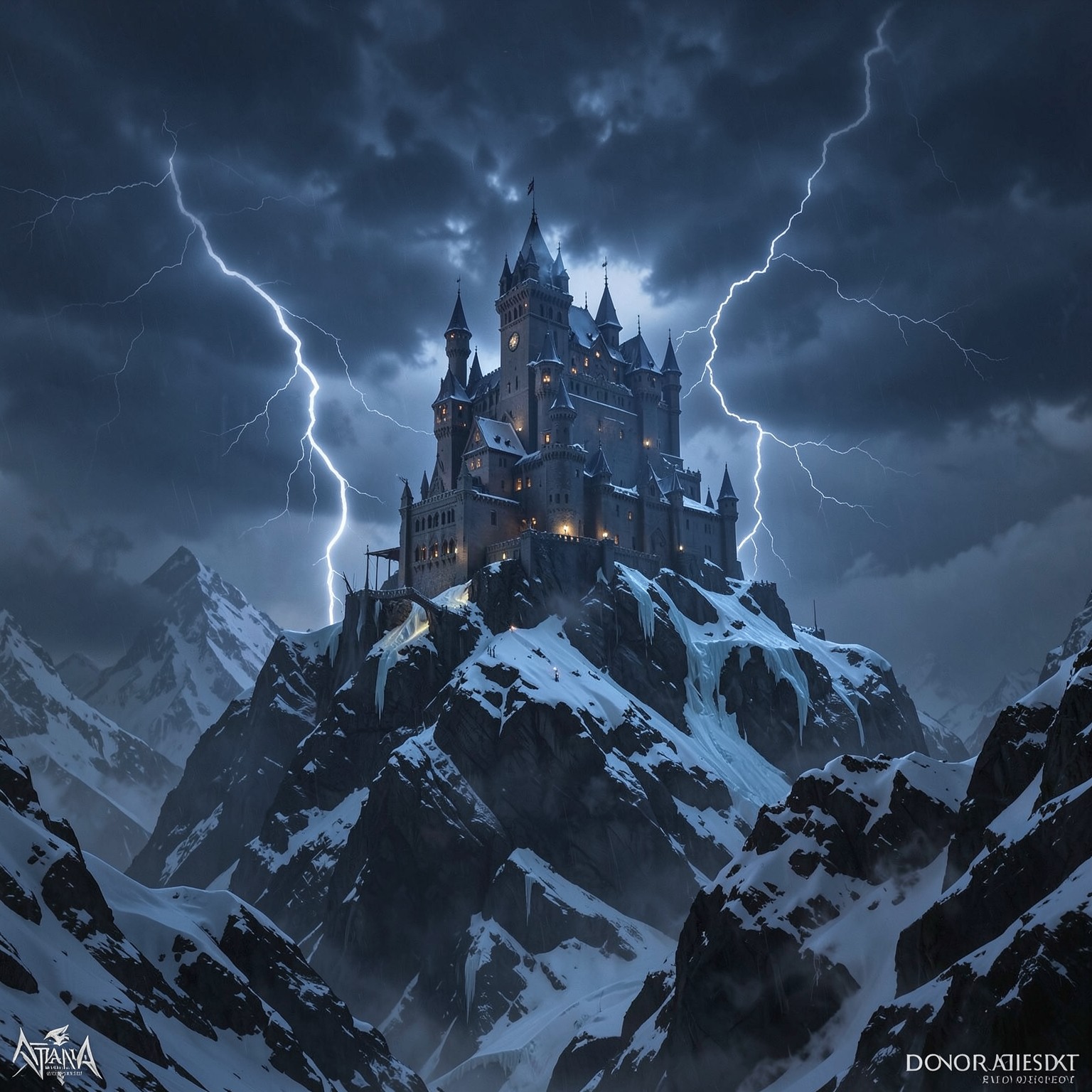 dark fantasy castle on top of icy mountain during thunderstorm