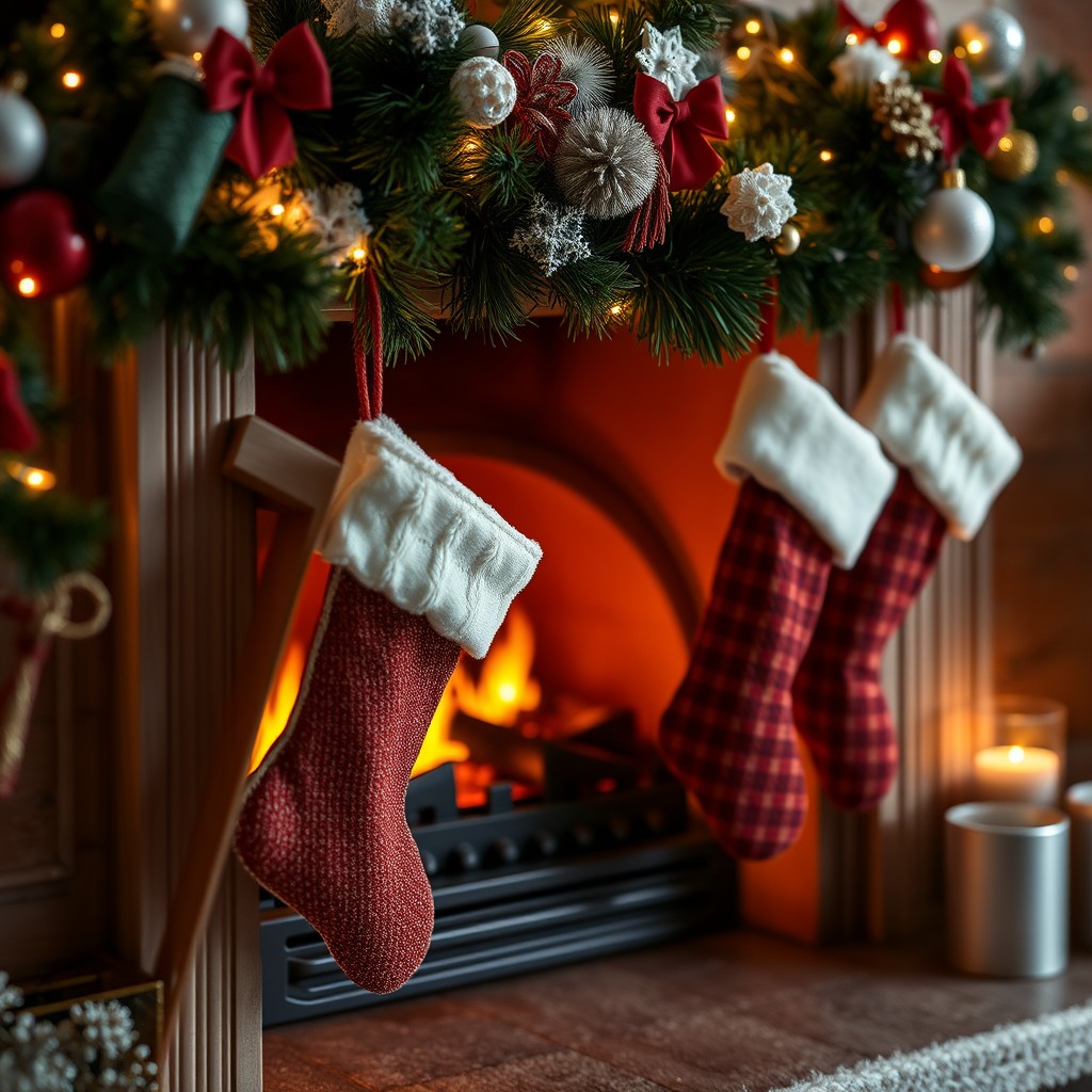 christmas fireplace close-up, stockings, warm glow, ultra realistic