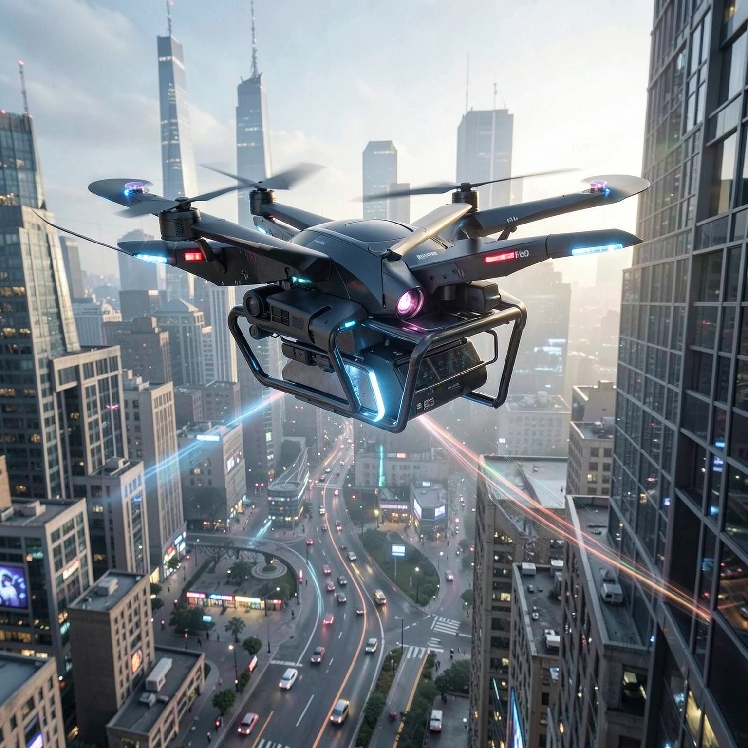 futuristic drone delivery system flying through city