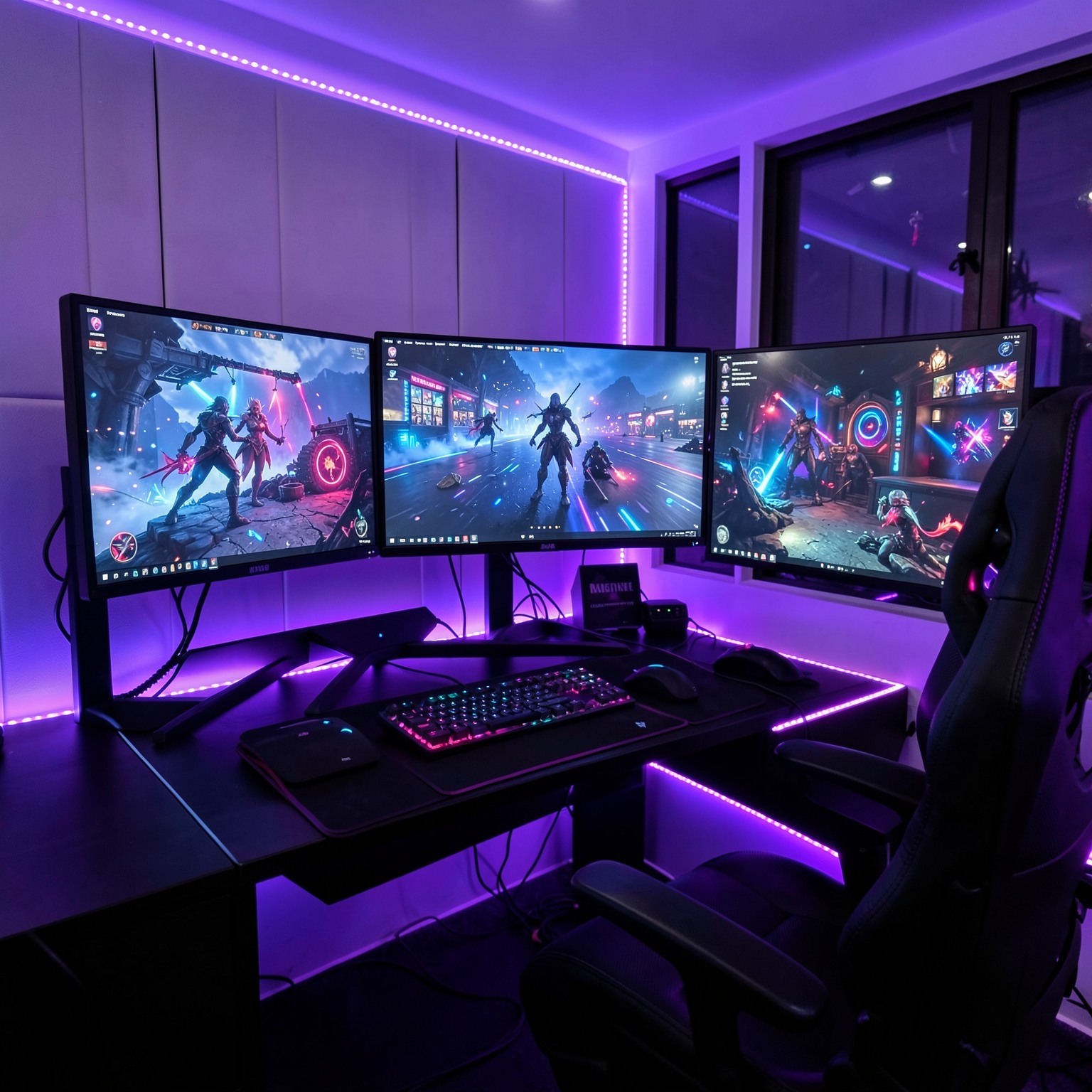 luxury gaming setup with triple monitors and RGB lighting