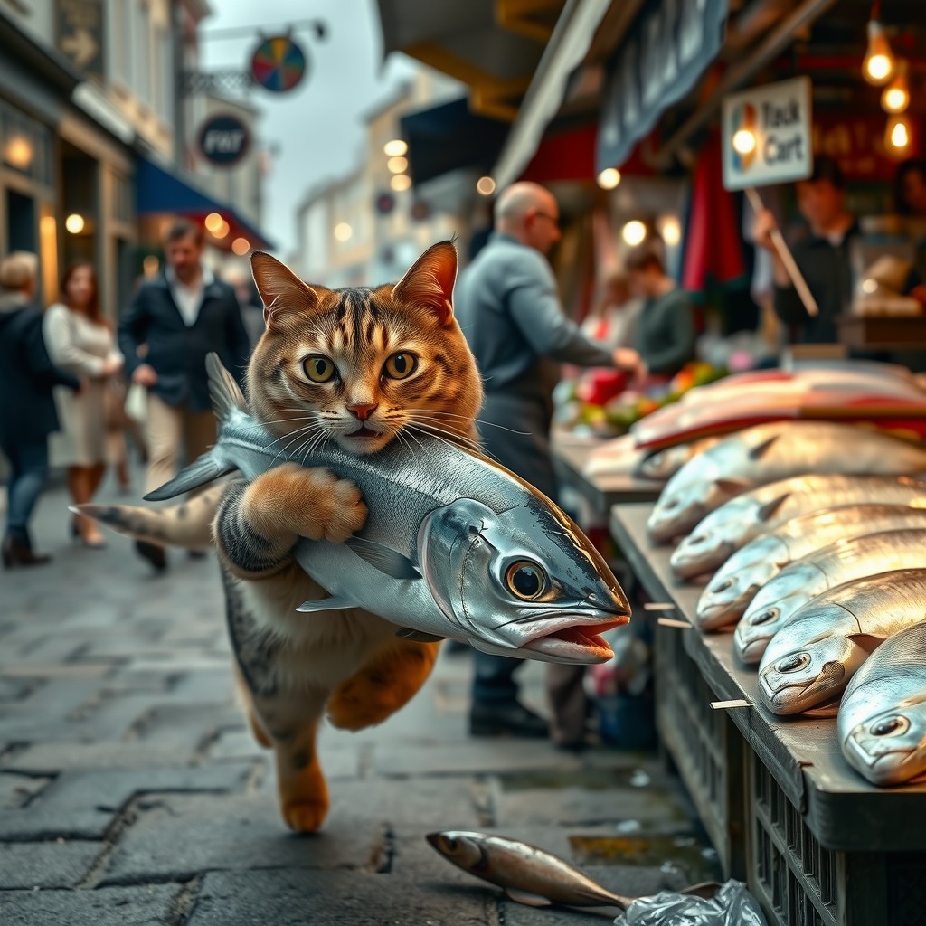 A photorealistic, ultra detailed, humorous scene on a bustling dutch street market. a tabby cat anthropomorphized, running on two legs while tightly hugging a large, shiny silver fish. the cat has a determined, dramatic facial expression with wide eyes and an open mouth, as if mid-shout. behind the cat, a shocked fish vendor in an apron is chasing after it, yelling. fresh fishes are laid out on a market stall to the right, displayed on ice. the background features open stalls, market signs, and a few bystanders reacting in surprise. dynamic lighting, rich details, cinematic composition, freeze-frame action shot, expressive motion blur,