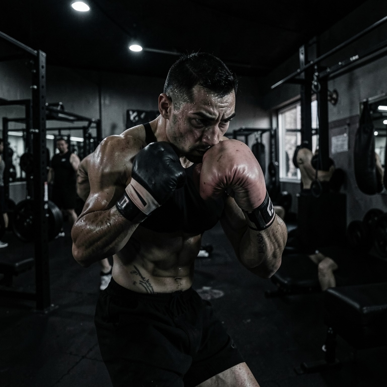 realistic boxer training inside dark gym