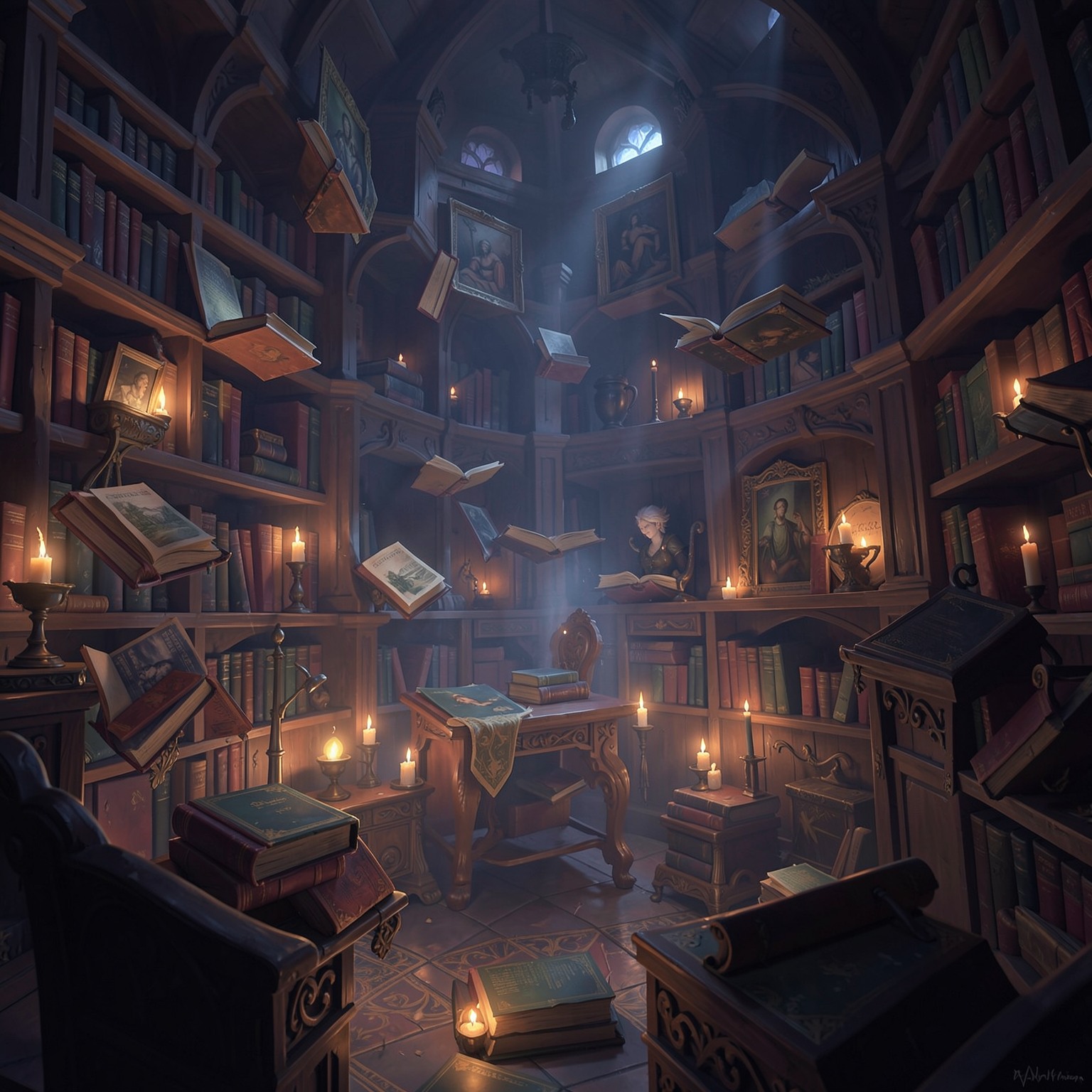 magical library with floating books and glowing candles