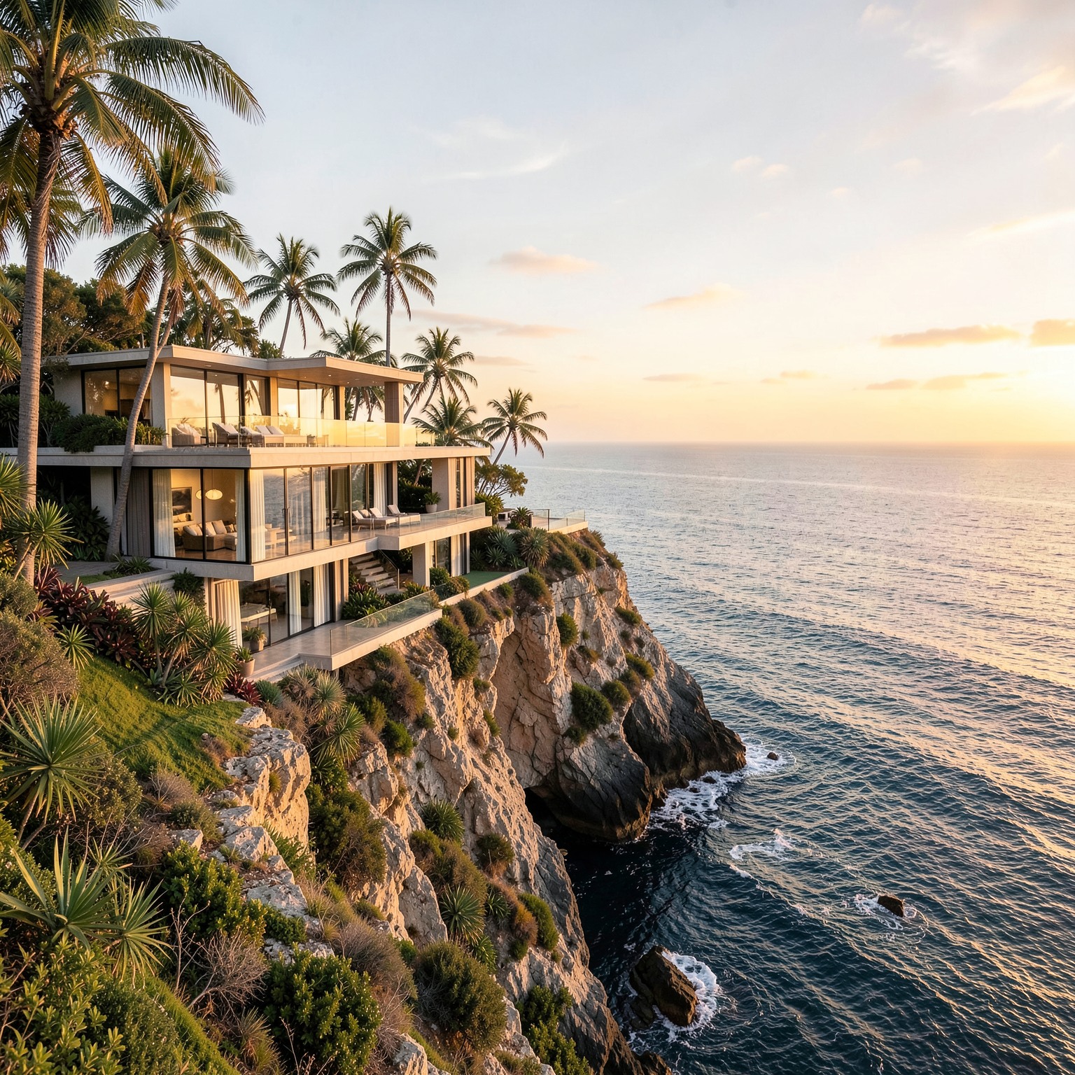 luxury modern villa on a cliff above the ocean during sunset, realistic architecture, palm trees, soft golden light