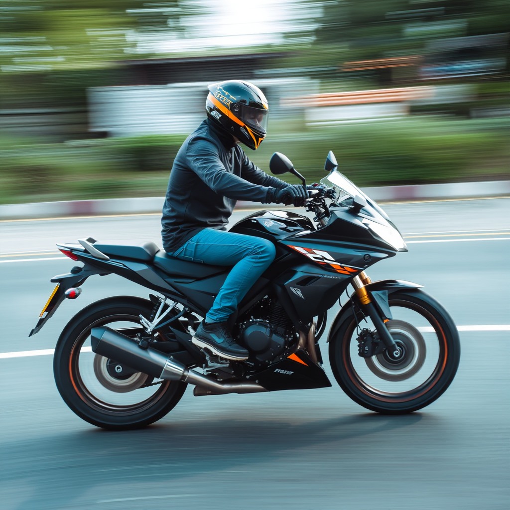 motorcycle action shot, motion blur, dynamic angle