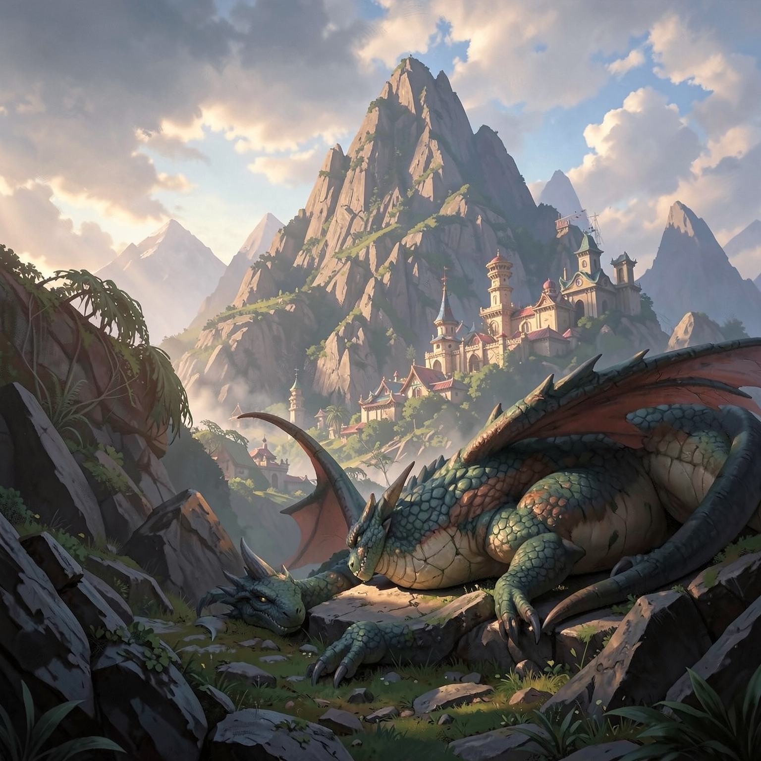 Dragon sleeping around treasure mountain