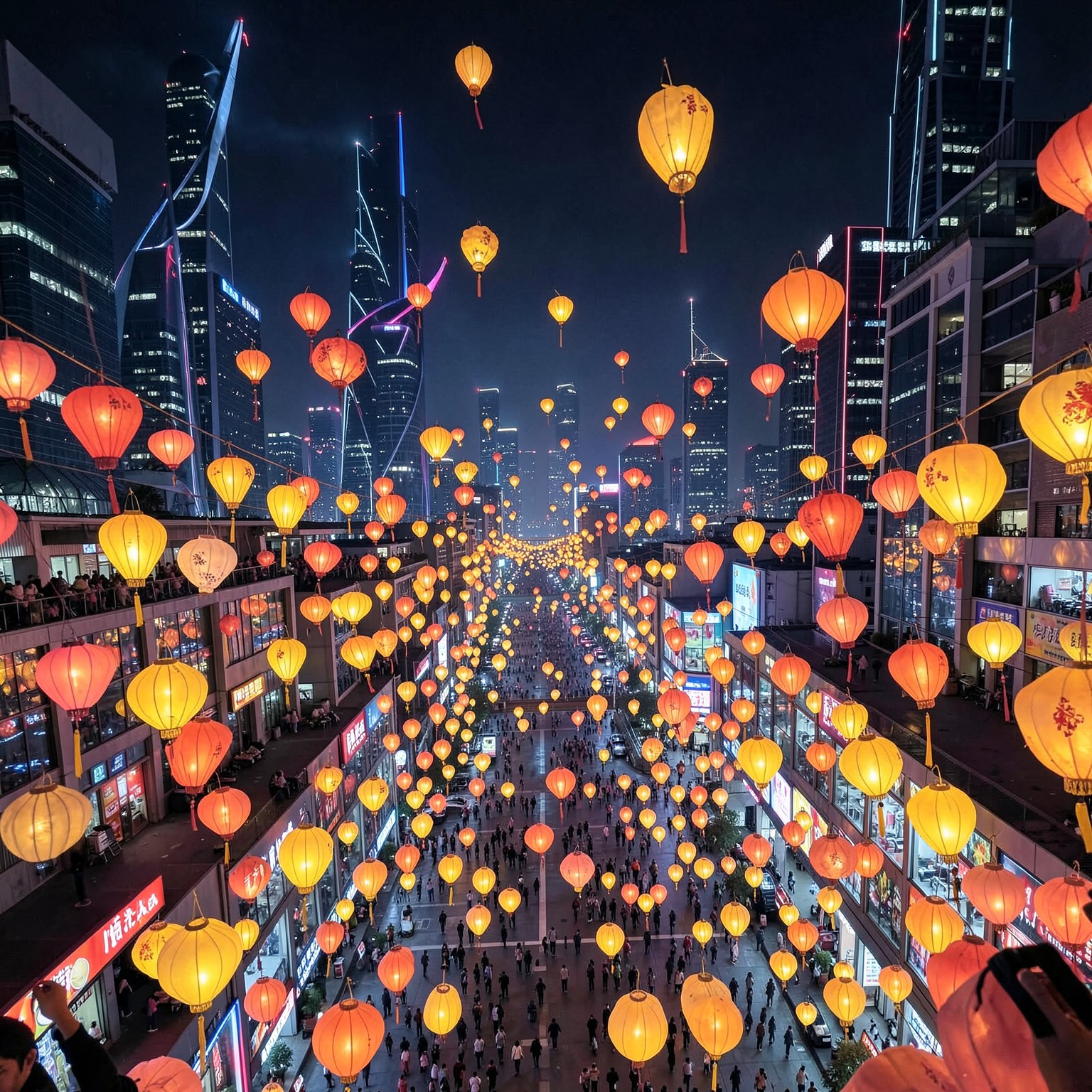 Floating lantern festival above futuristic Asian megacity at night